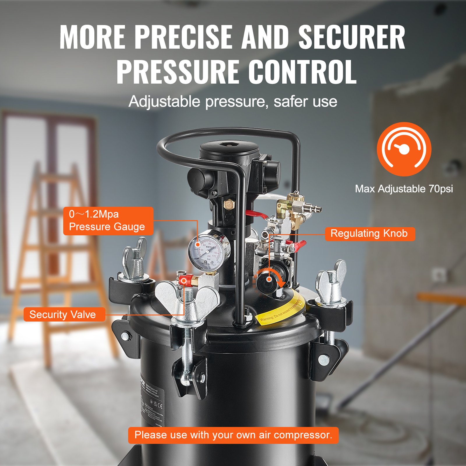 Spray Paint Pressure Pot, 10 L,2.5 Gal Fully Automatic Stirring Pressure Pot Tank, 70 Psi Adjustale Pressure, Pressure Pot Paint Tank With Spray Gun And Hoses, For Home Decor Industry Painting