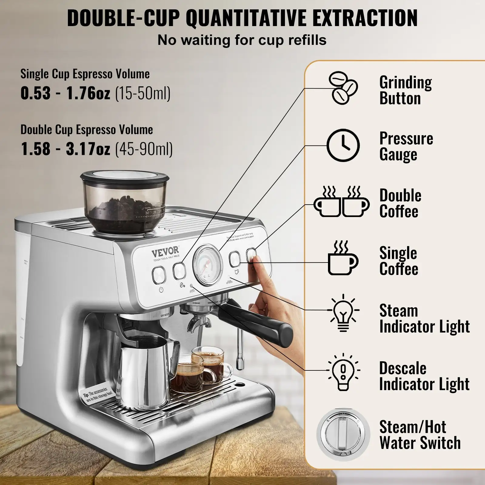 Espresso Machine With Grinder, 15 Bar Semi-Automatic Espresso Coffee Maker With Milk Frother Steam Wand, Removable Water Tank & Pressure Gauge For Cappuccino, L