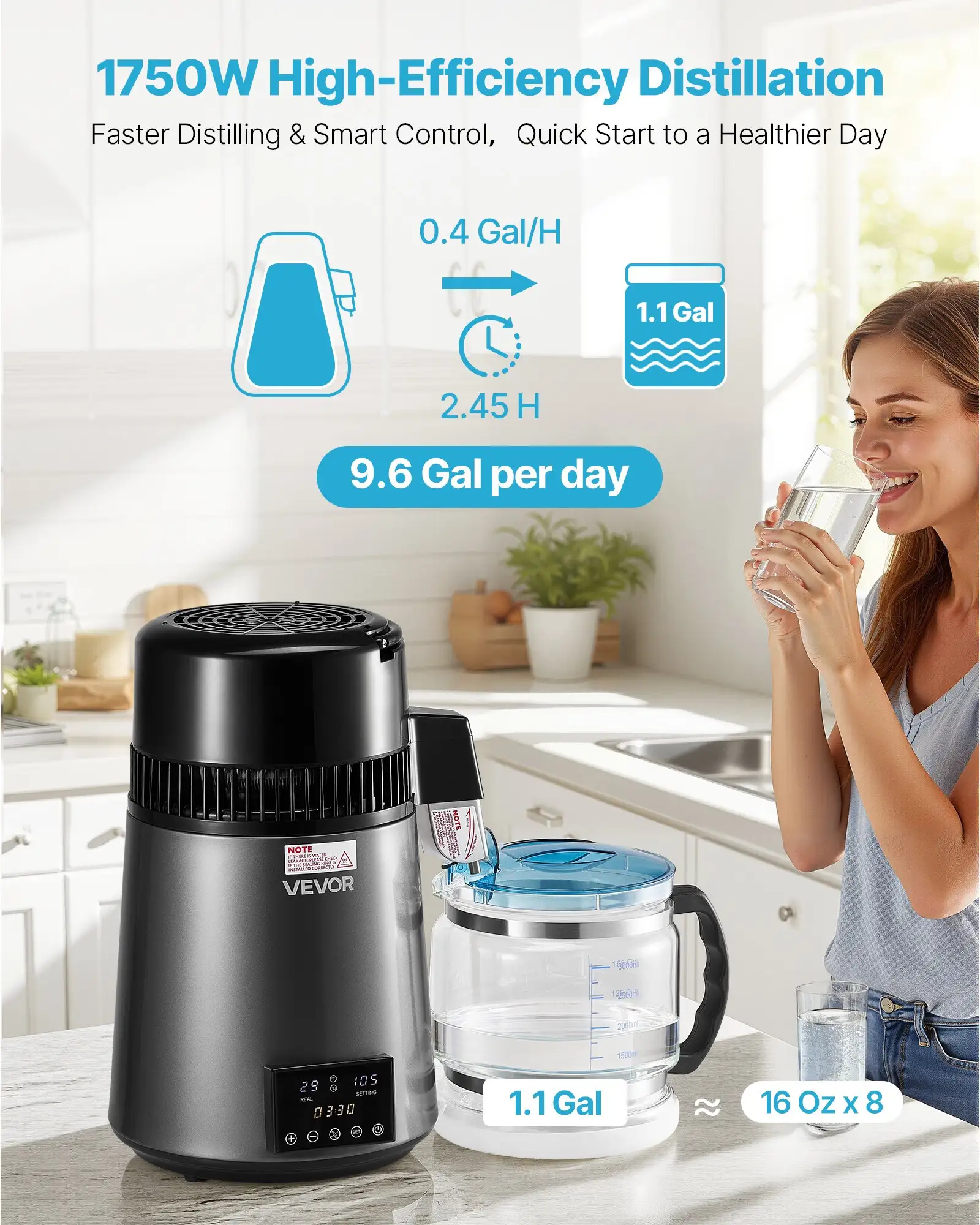 4L Water Distiller Home Countertop Purifier Machine 1750W Stainless Steel Glass