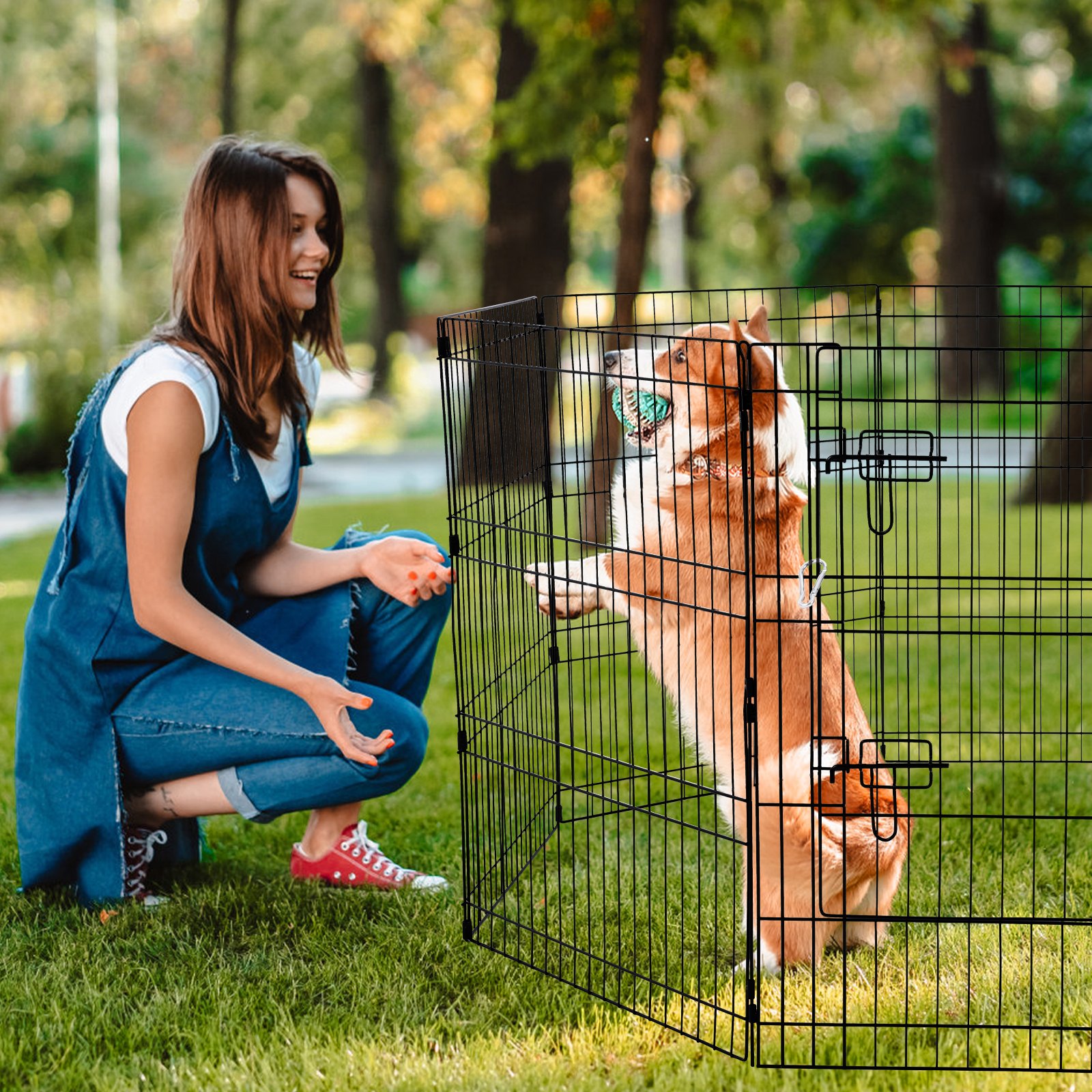 Dog Playpen 8 Panels Foldable Metal Dog Exercise Pen With Pad Cover 30"H Black - Shop at LoveMi