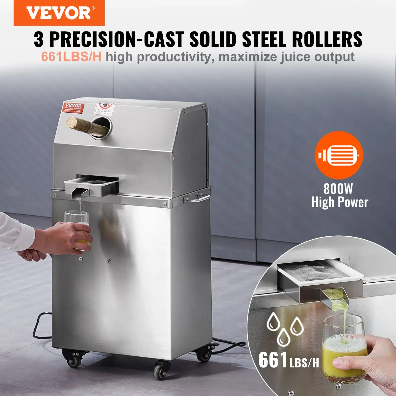 Electric Sugar Cane Juicer, 800W Sugarcane Juicer Machine With 661LBS/H High Output, 3 Stainless Steel Rollers, 2.4" Large Inlet, Sugarcane Juice Extractor Sque