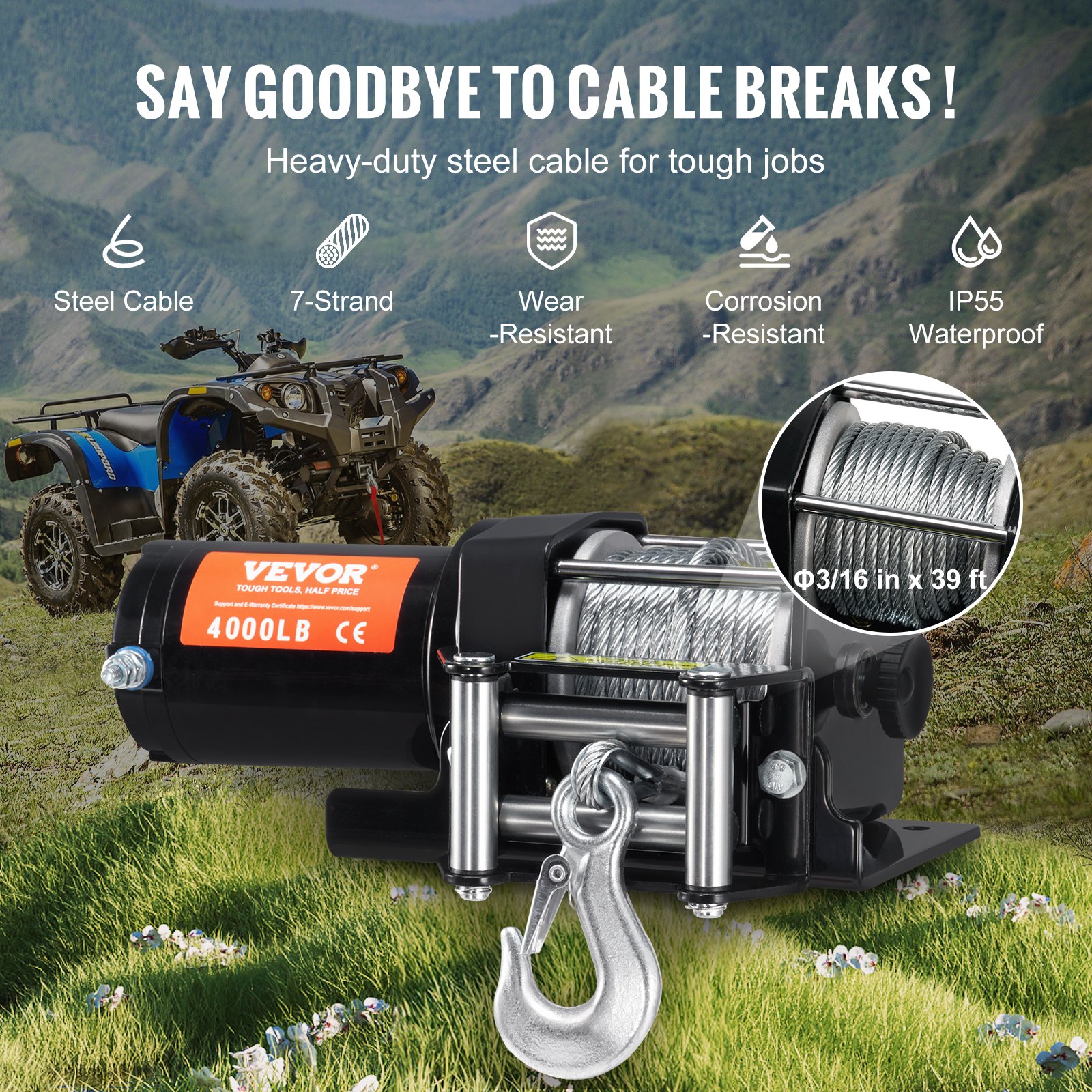 Electric Winch ATV UTV Steel Cable IP55 Waterproof Remote Control - 4