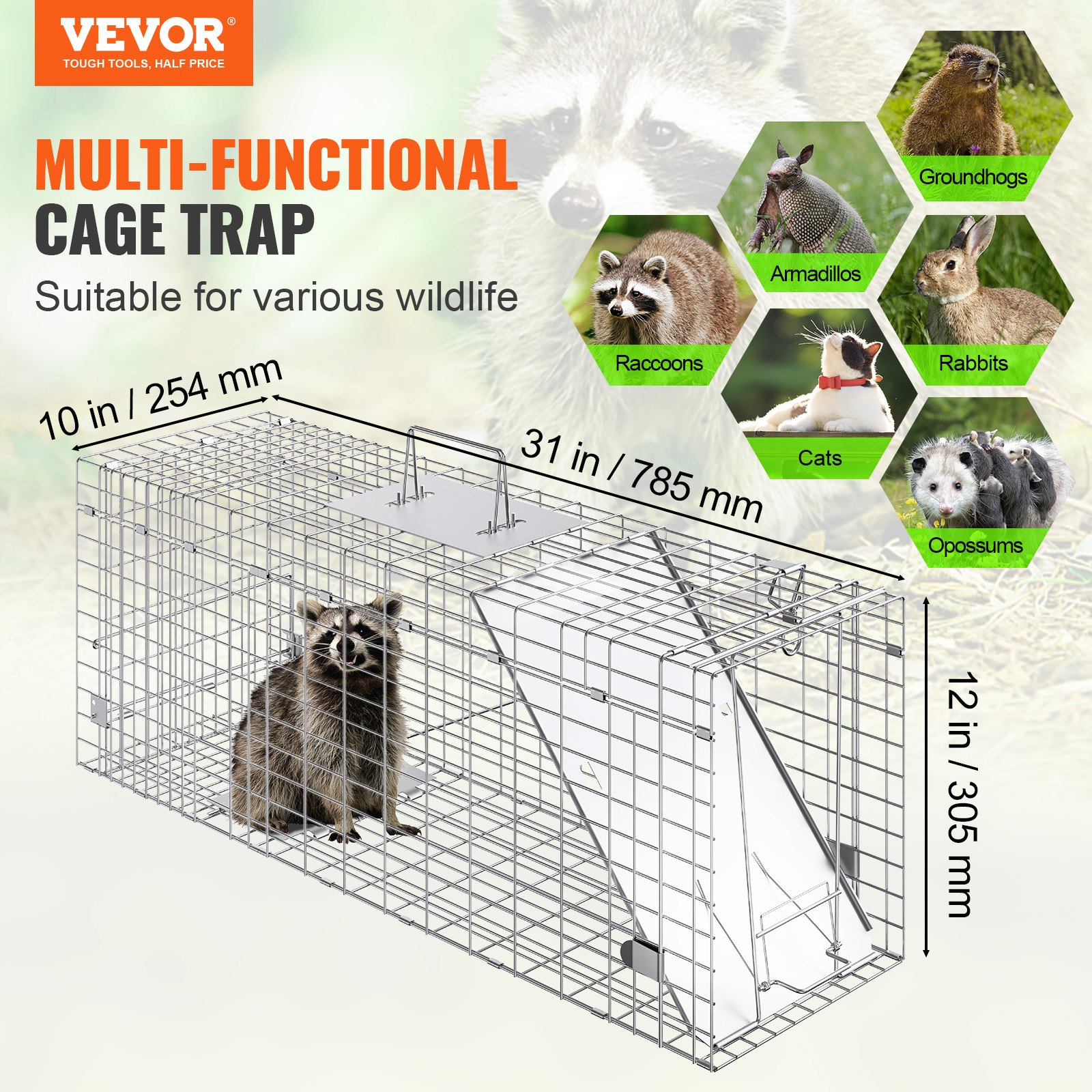 Live Animal Cage Trap, 31" X 10" X 12" Humane Cat Trap Galvanized Iron, Folding Animal Trap With Handle For Rabbits, Stray Cats, Squirrels, Raccoons, Groundhogs And Opossums image 2