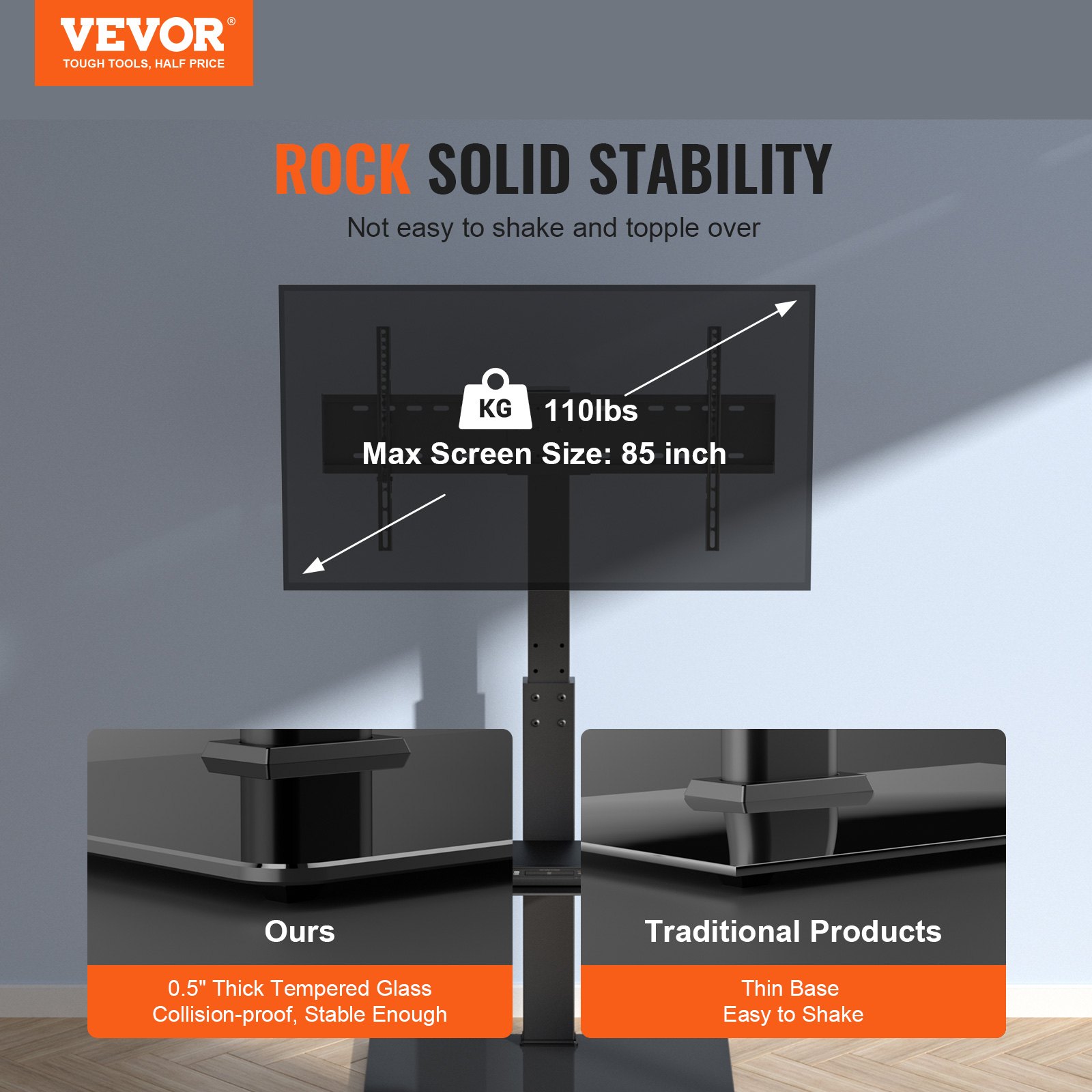 TV Stand Mount, Swivel Tall TV Stand For 32 To 85 Inch TVs, Height Adjustable Portable Floor TV Stand With Tempered Glass Base For Bedroom, Living Room_voghion.com