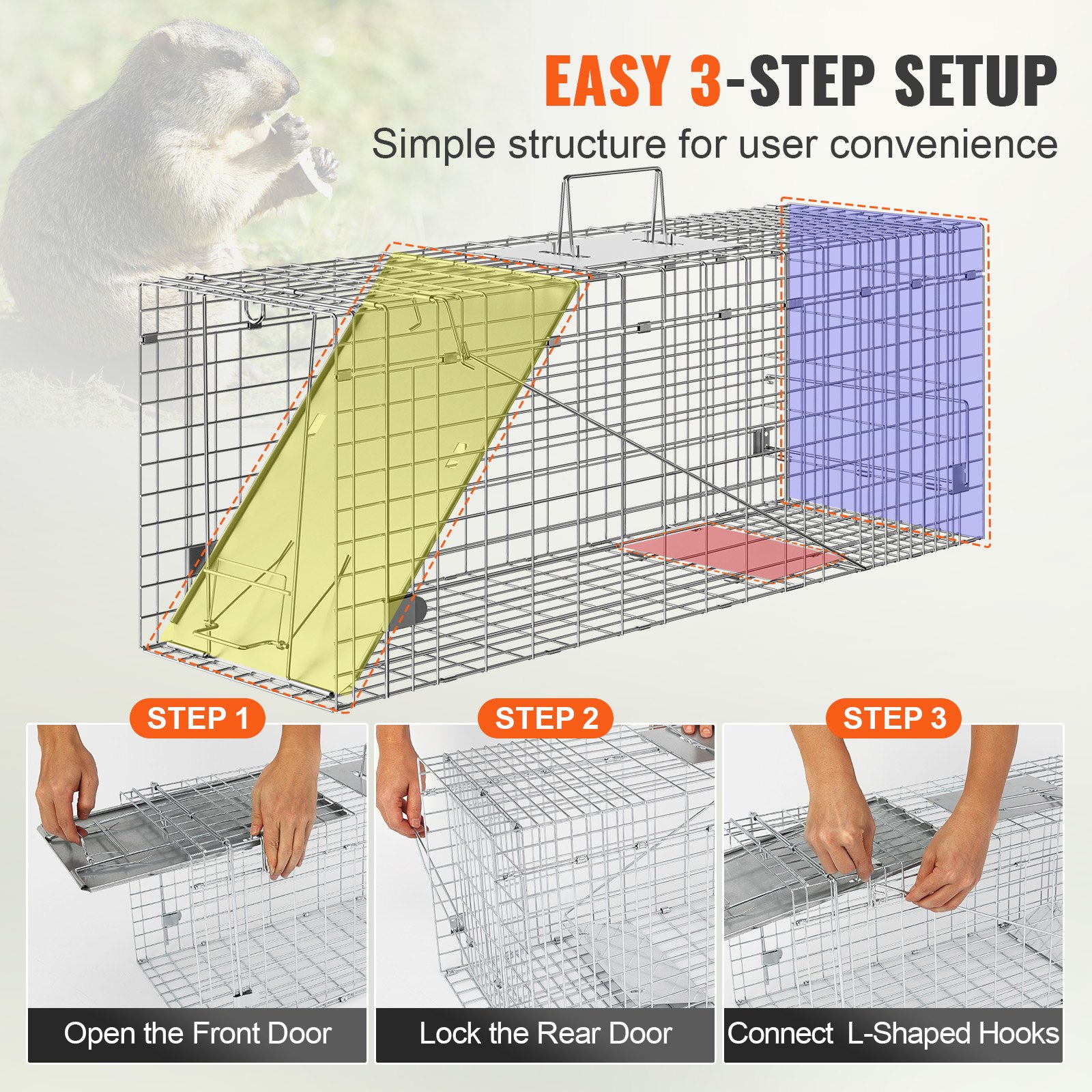 Live Animal Cage Trap, 31" X 10" X 12" Humane Cat Trap Galvanized Iron, Folding Animal Trap With Handle For Rabbits, Stray Cats, Squirrels, Raccoons, Groundhogs And Opossums image 5
