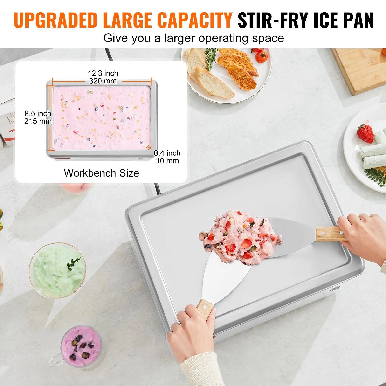 Fried Ice Cream Roll Machine, 19.3" X 14.9" Stir-Fried Ice Cream Pan, Stainless Steel Rolled Ice Cream Maker With Compressor And 2 Scrapers, For Making Ice Crea