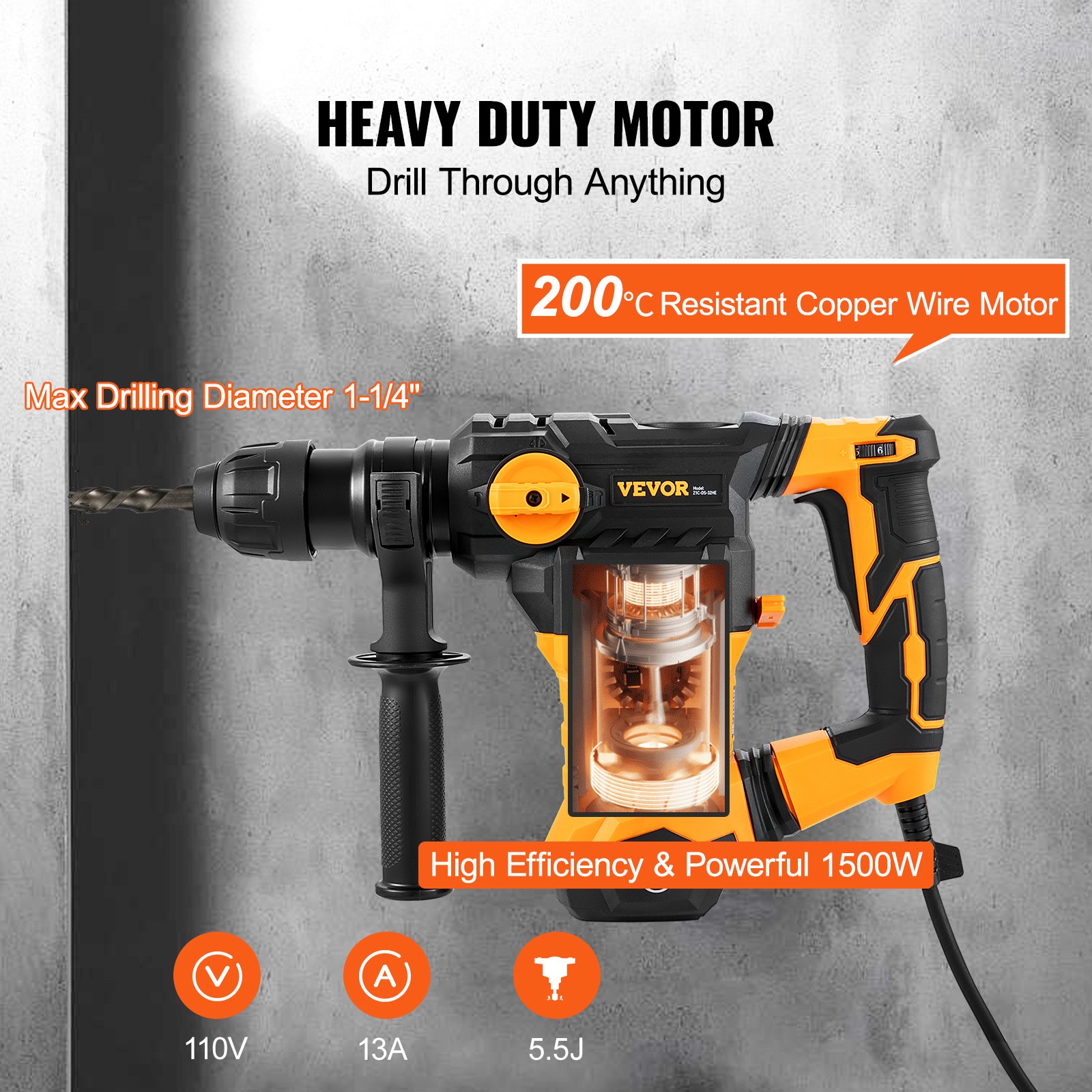 Rotary Hammer Drill Corded Drills 1-1'4' 4 Modes SDS-Plus Chipping Hammers - 3