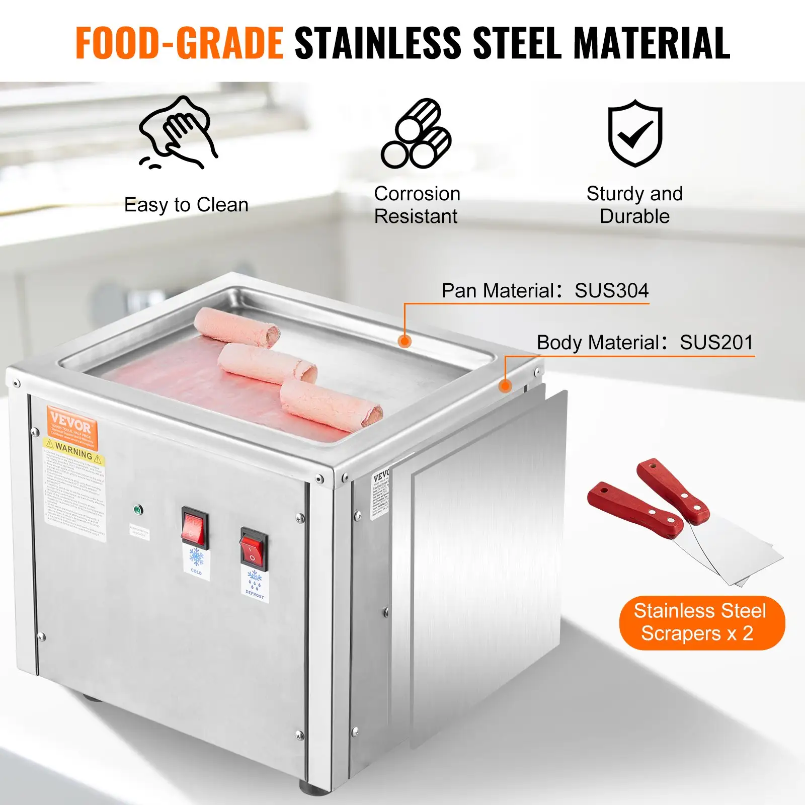 Fried Ice Cream Roll Machine, 11" X 9.5" Stir-Fried Ice Cream Pan, Stainless Steel Rolled Ice Cream Maker With Compressor And 2 Scrapers, For Making Ice Cream,