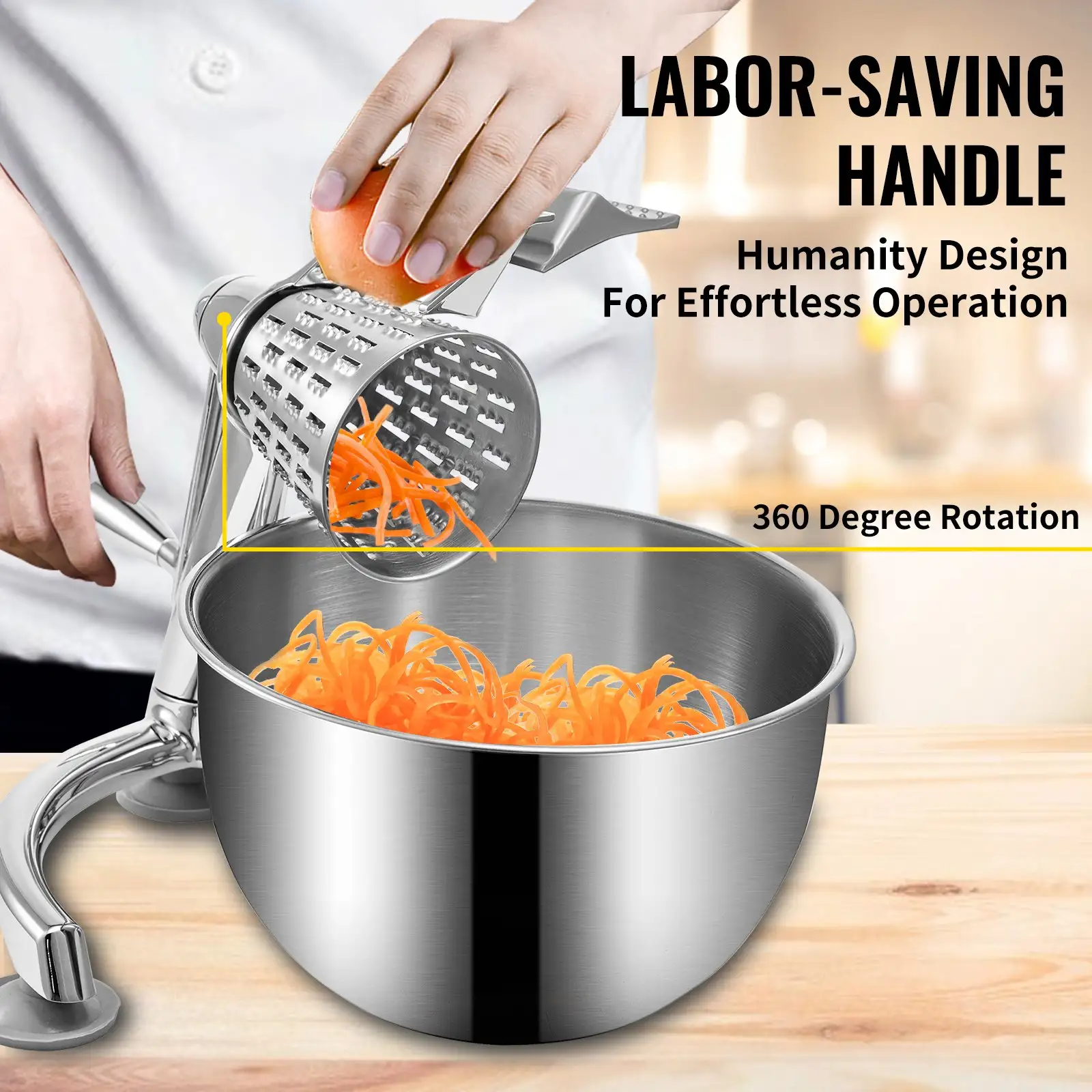 Rotary Cheese Grater, Zinc Alloy Rotary Vegetable Mandoline, Manual Cheese Mandoline W/ 5 Stainless Steel Cutting Cones, Manual Vegetable Grater W/ 2.5L Bowl, R