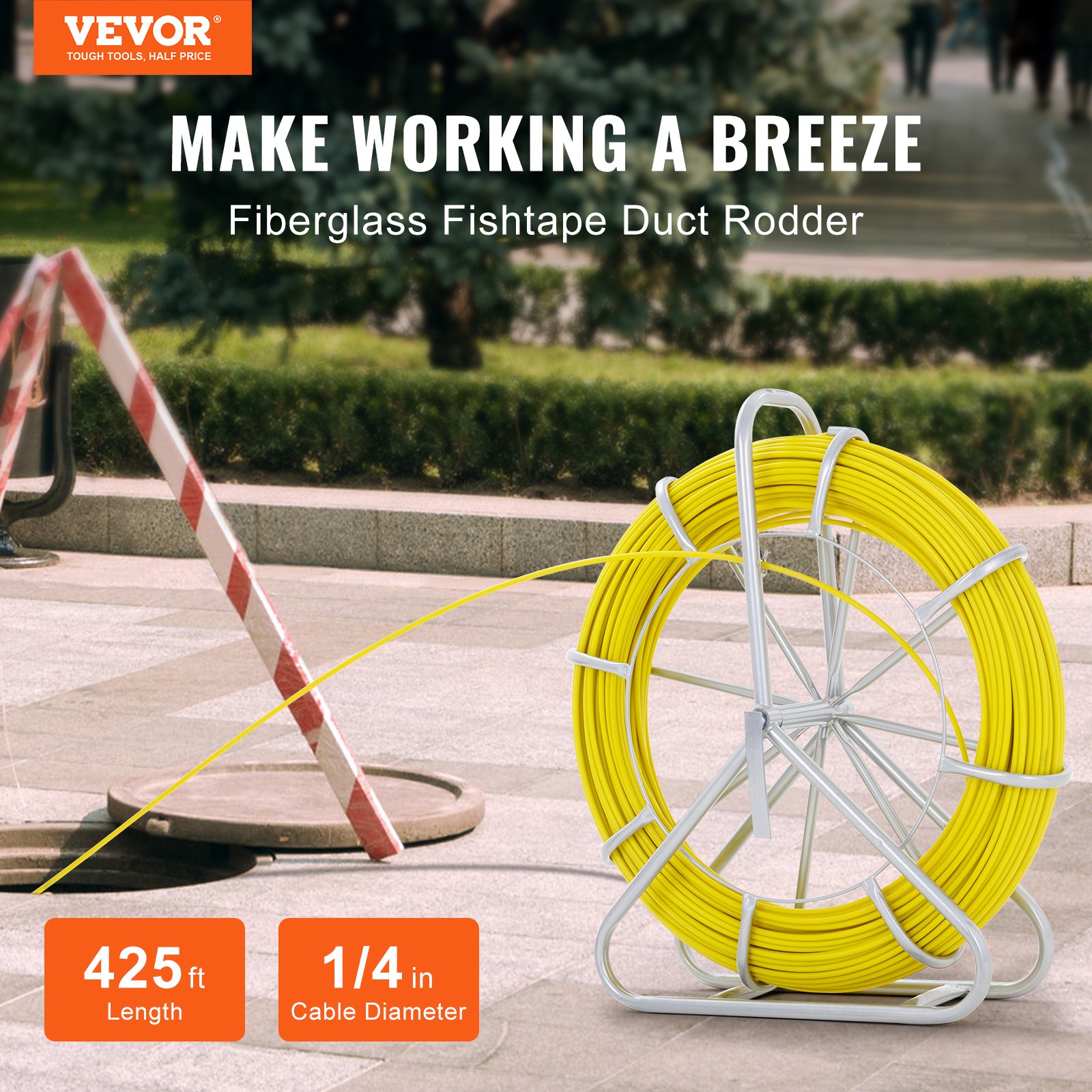 Fish Tape Fiberglass, 425 Ft, 1/4 Inch, Duct Rodder Fishtape Wire Puller, Cable Running Rod With Steel Reel Stand, 3… - 2