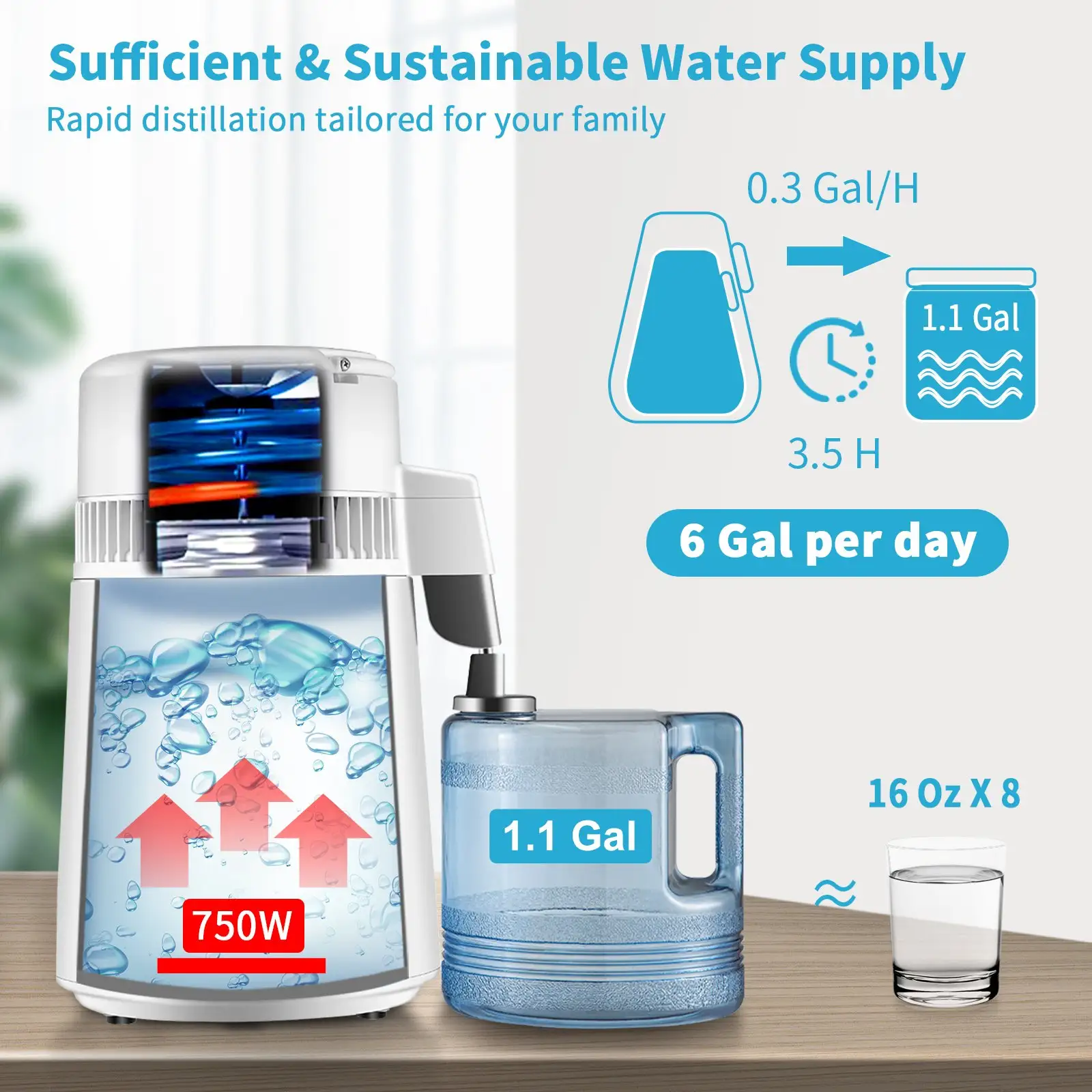 1.1Gal Water Distiller, 0.3Gal/H, 750W Distilled Water Maker Machine 0-99H Timing Set Temp Display, 304 Stainless Steel Countertop Distiller Plastic Carafe Clea