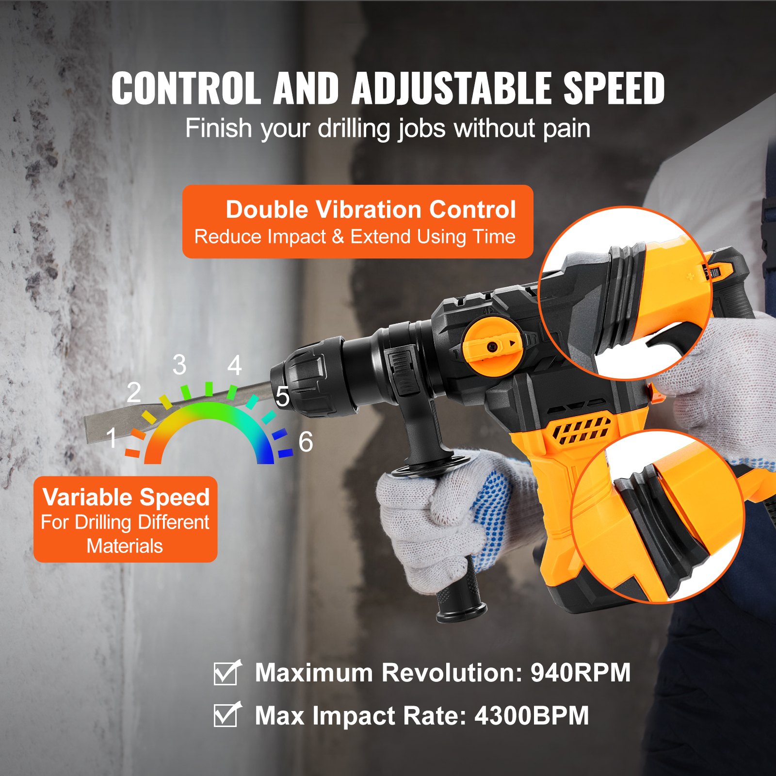 Rotary Hammer Drill Corded Drills 1-1'4' 4 Modes SDS-Plus Chipping Hammers - 5