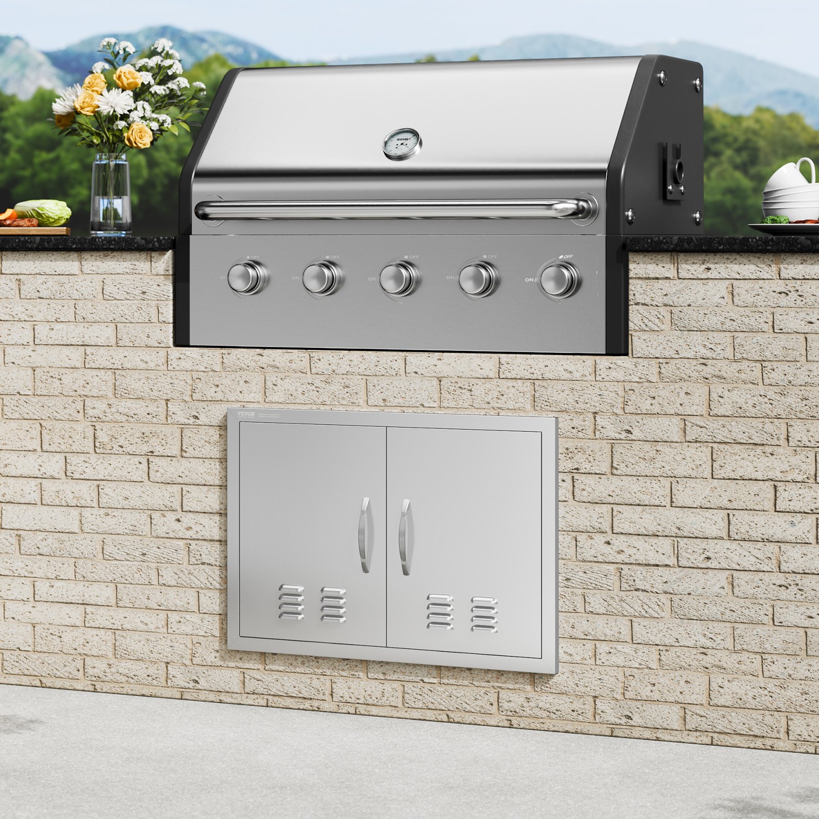 BBQ Access Door, 30W X 21H Inch Double Outdoor Kitchen Door, Stainless Steel Flush Mount Door, Wall Vertical Door With Handles And Vents, For BBQ Island, Grilling Station, Outside Cabinet image 6