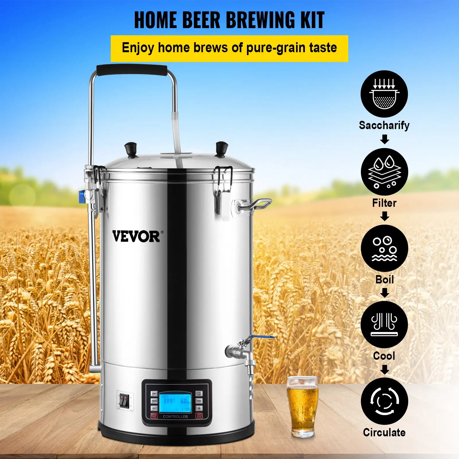 Electric Brewing System, 9.2 Gal/35 L Brewing Pot, All-in-One Home Beer Brewer W/Pump, Mash Boil Device W/Panel, Auto/Manual Mode 100-1800W Power 25-100℃ Temp 1