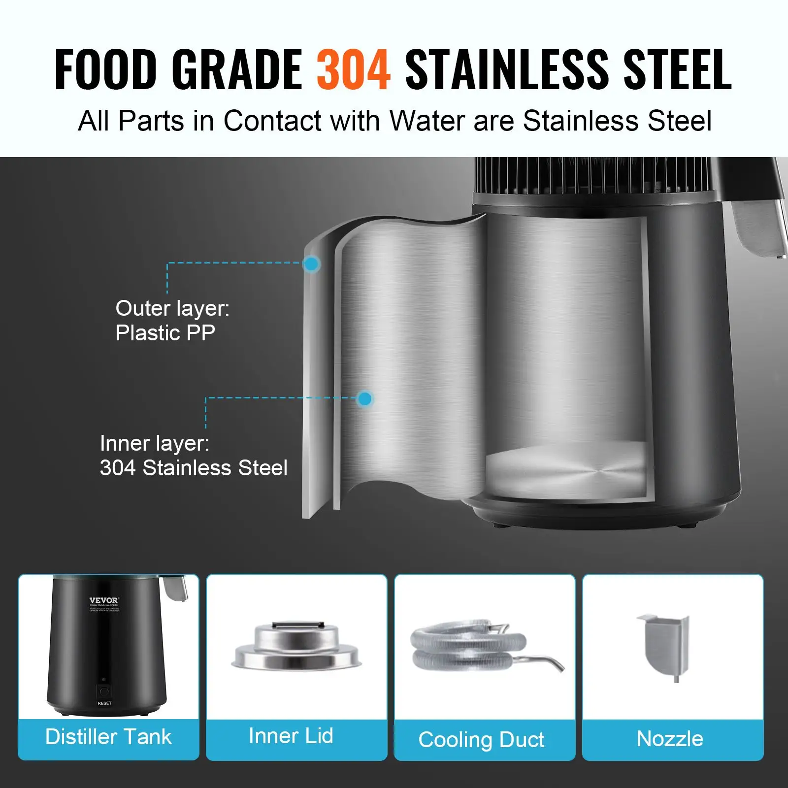 Water Distiller, 4L 1.05 Gallon Pure Water Purifier Filter For Home Countertop, 750W Distilled Water Maker, Stainless Steel Interior Distiller Water Making Mach
