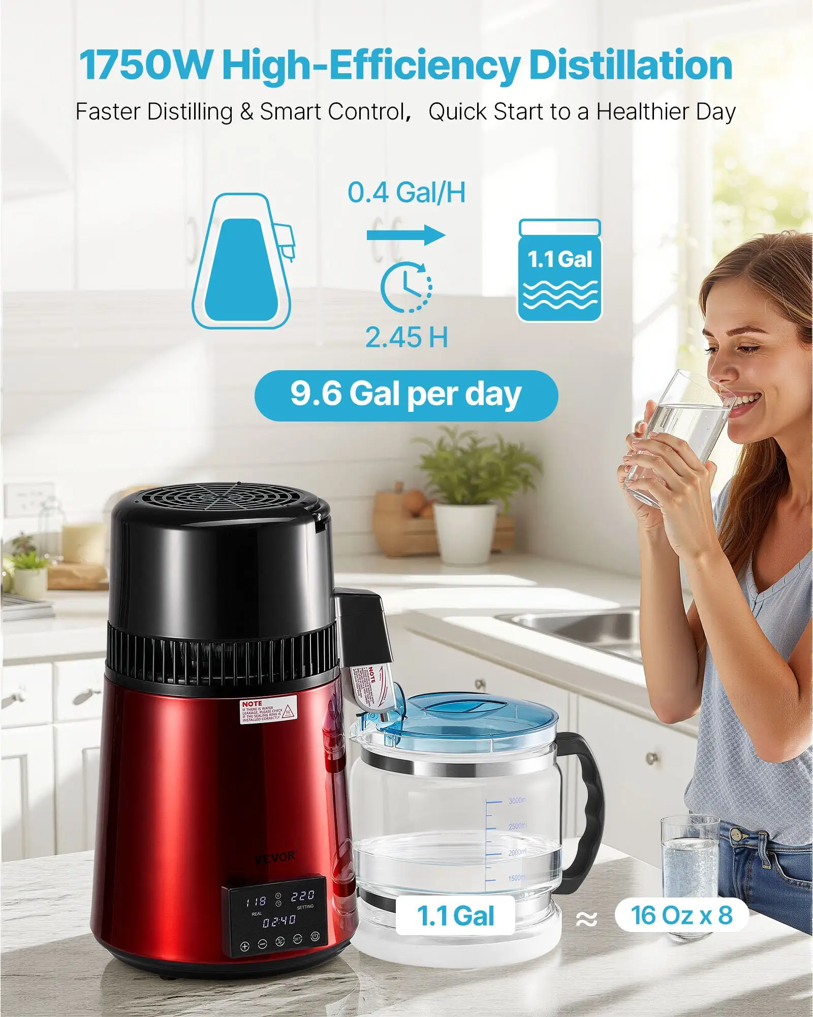 4L Water Distiller Home Countertop Purifier Machine 1750W Stainless Steel Glass