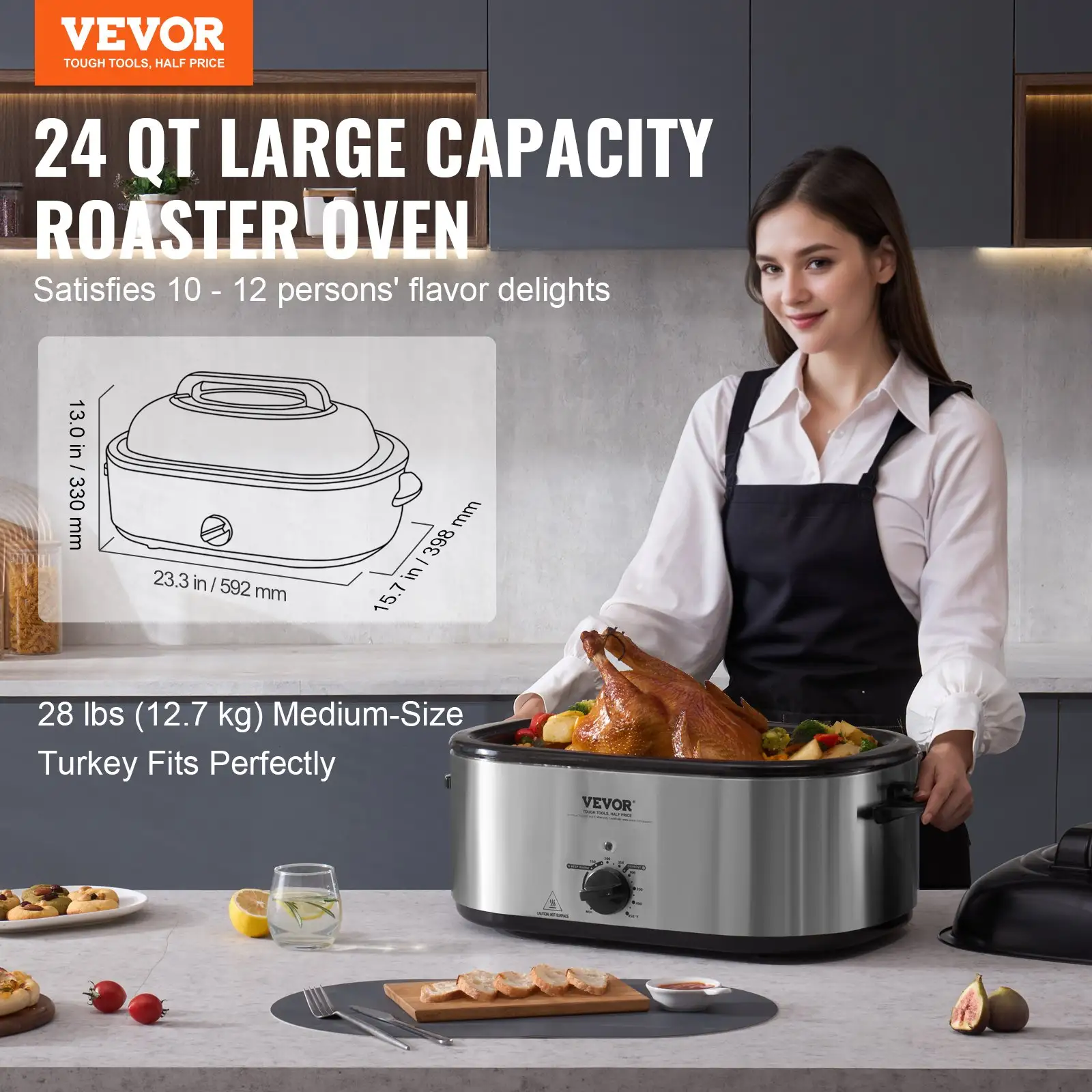 Electric Roaster Oven, 24 QT Turkey Roaster Oven With Self-Basting Lid, 1450W Roaster Oven With Defrost & Warm Function, Adjustable Temp, Removable Pan & Rack, 