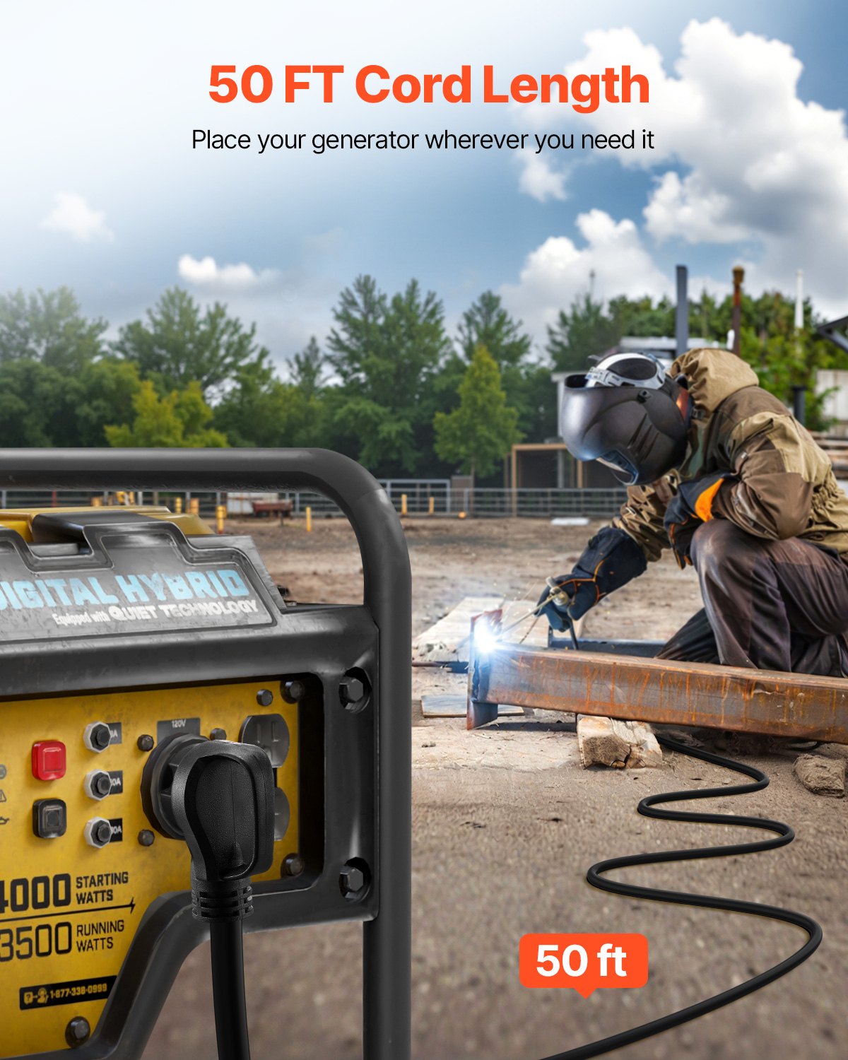 30A Generator Extension Cord 50 Ft 250V NEMA 6-50P To 6-50R 7500W Power Cable