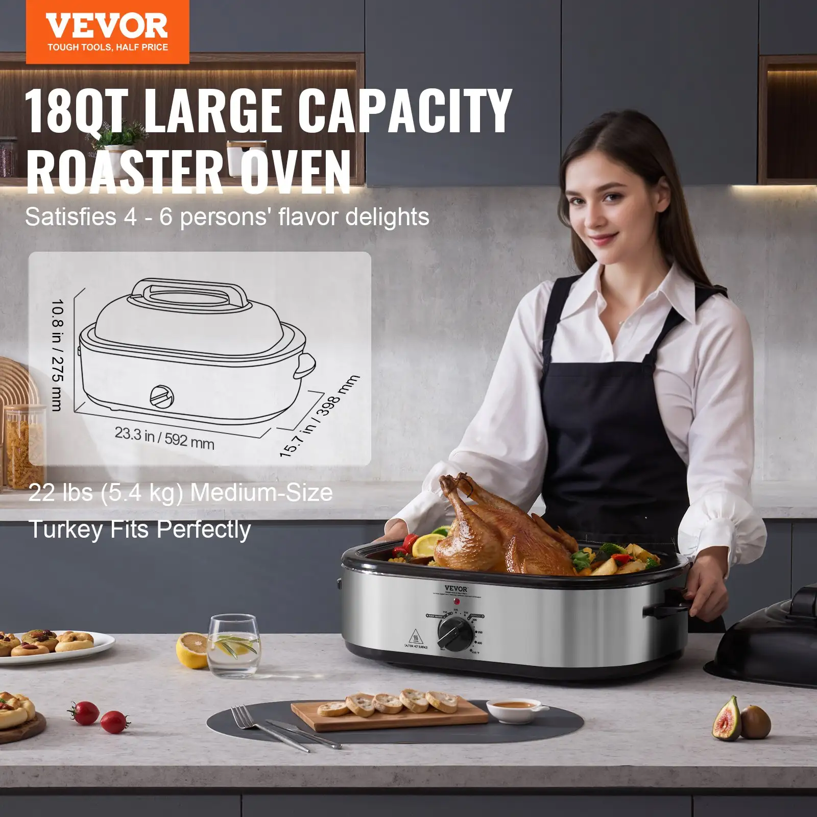 Electric Roaster Oven, 18 QT Turkey Roaster Oven With Self-Basting Lid, 1450W Roaster Oven With Defrost & Warm Function, Adjustable Temperature, Removable Pan &