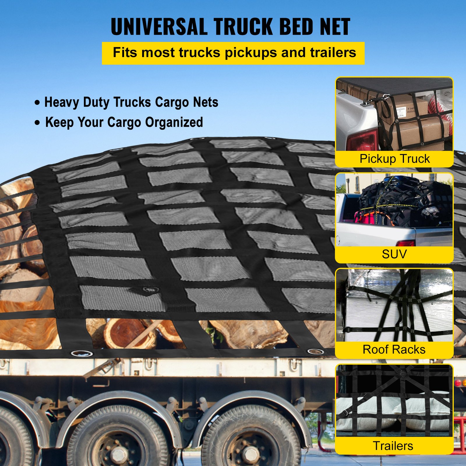 Vevor cargo net installed over Ford F-150 8-ft truck bed securing lumber load