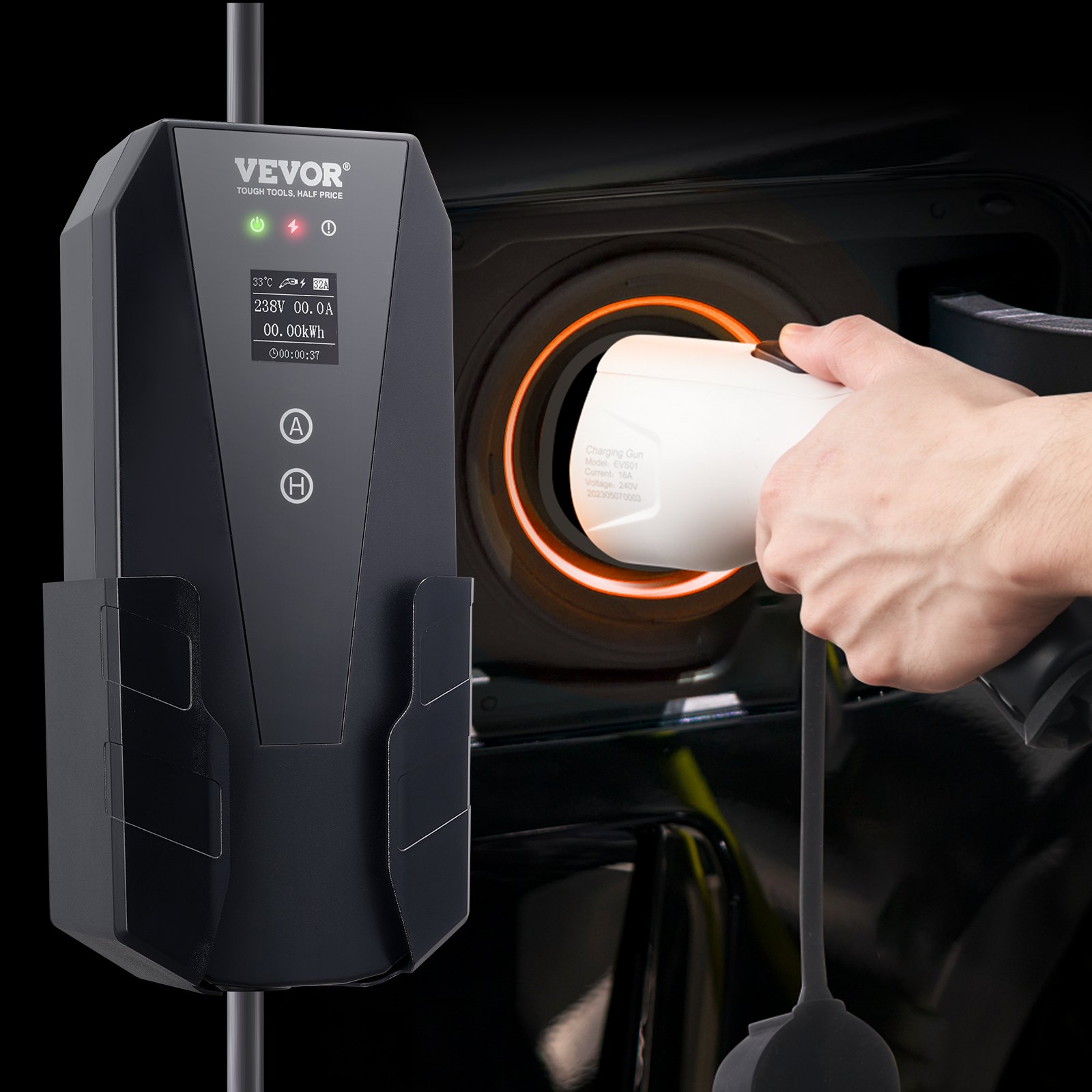 Level 2 Portable EV Charger, 32 Amp 240V, Electric Vehicle Charger With 28 Ft Charging Cable NEMA 14-50P Plug, 16/20/24/32A Adjustable Current Plug-in Home EV Charging Station For SAE J1772 EVs – Black