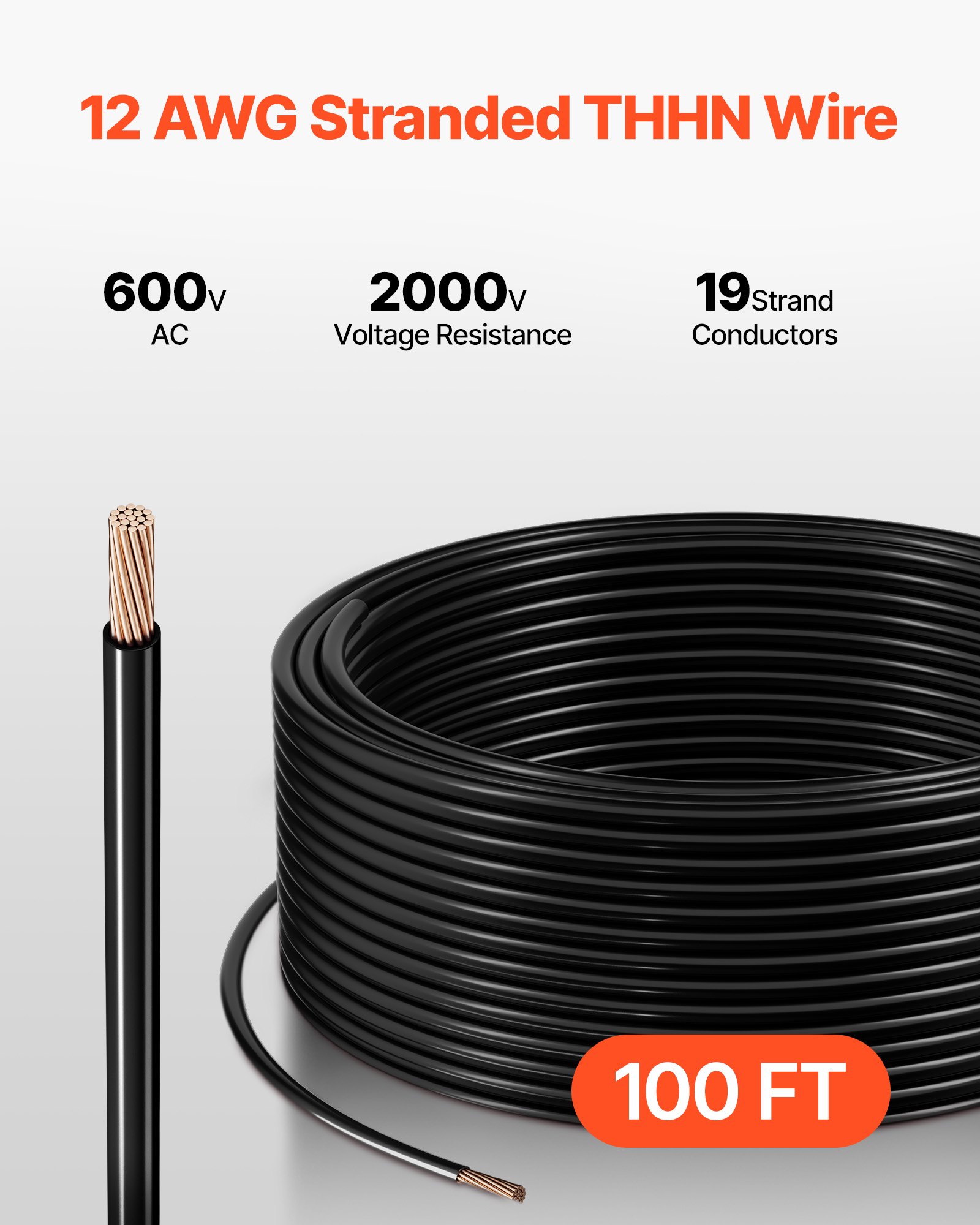 12 AWG THHN Wire 19-Stranded Black Copper Building Wire Nylon Jacket 100 Ft 600V