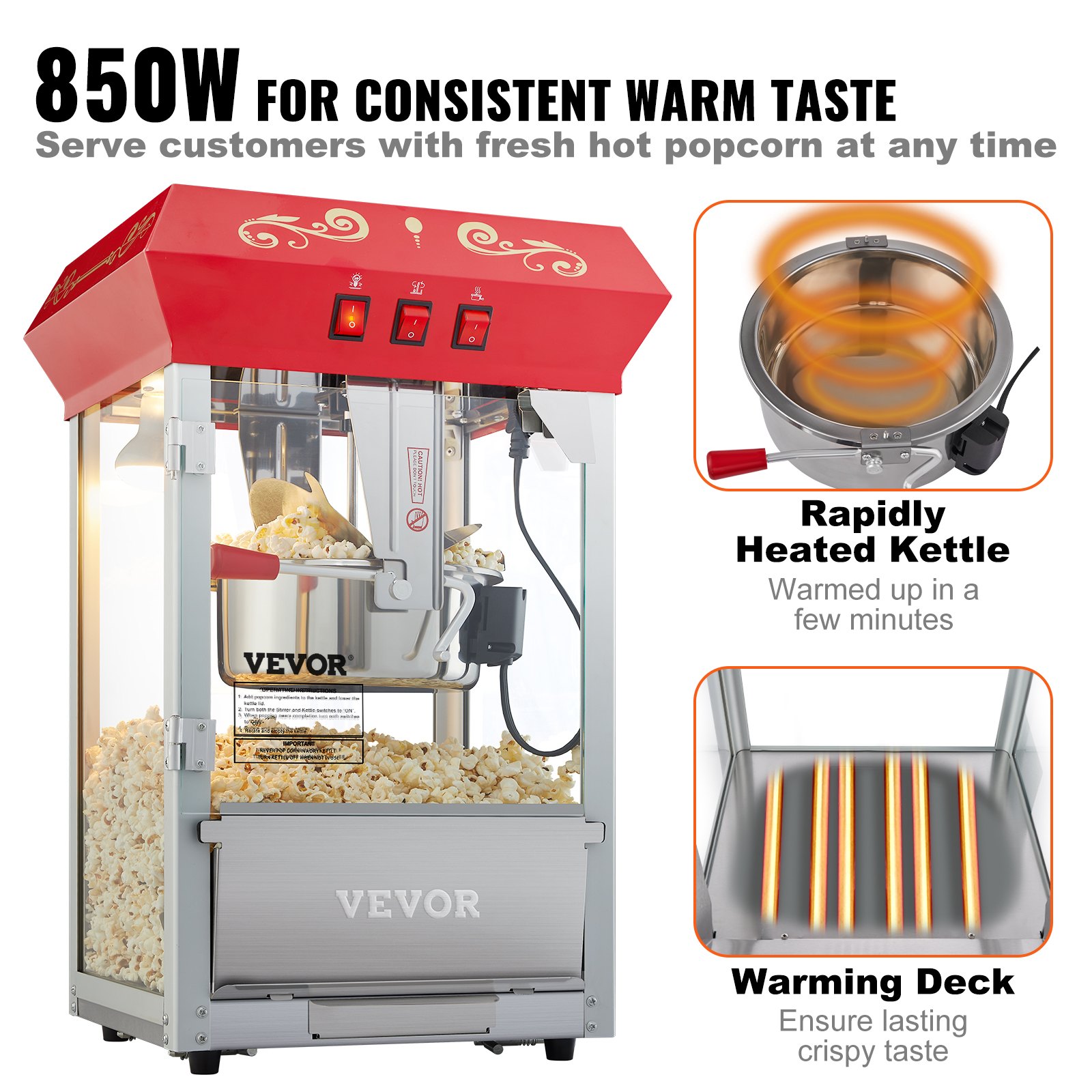 Popcorn Popper Machine 8 Oz Countertop Popcorn Maker 850W 48 Cups Red image 4