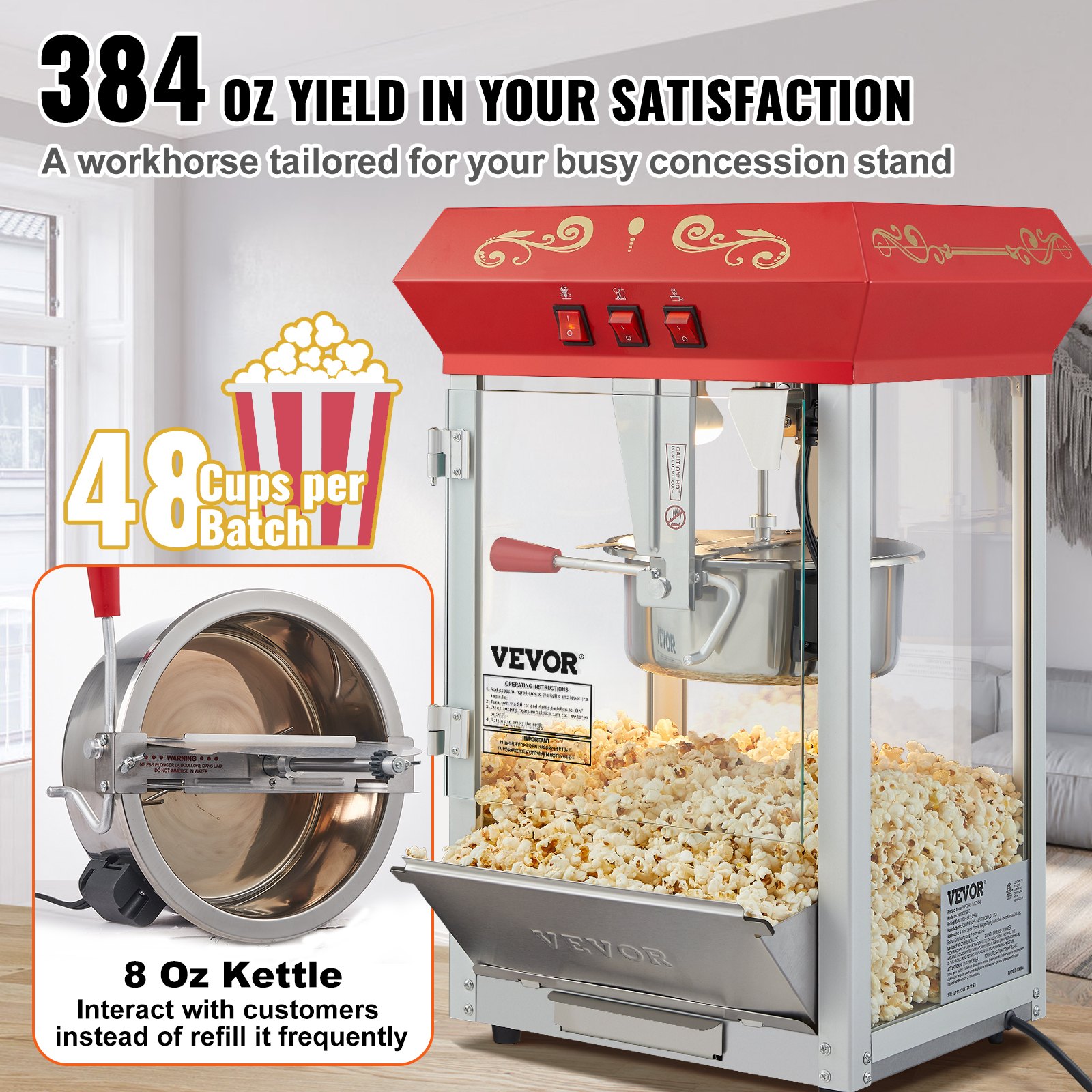 Popcorn Popper Machine 8 Oz Countertop Popcorn Maker 850W 48 Cups Red image 3