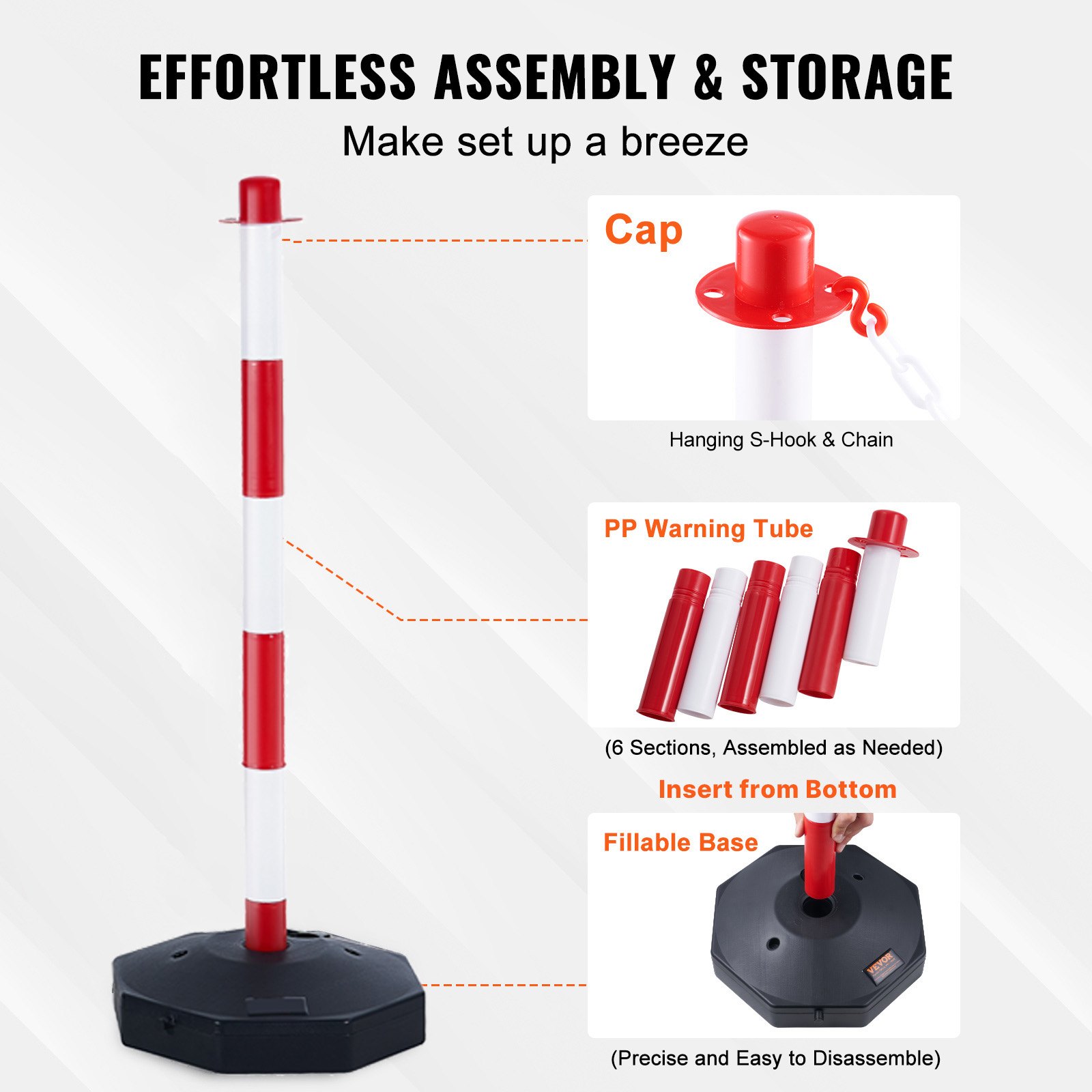 Adjustable Traffic Delineator Post Cones, 6 Pack, Traffic Safety Delineator Barrier With Fillable Base 2 M Chain, For Traffic Control Warning Parking Lot Construction Caution Roads, Red & Whi