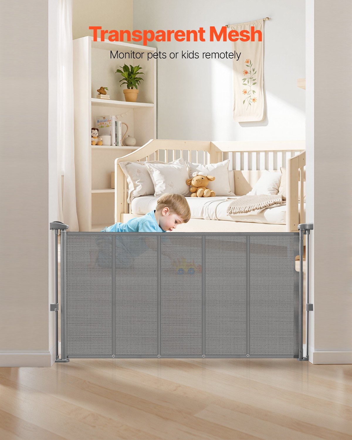 Retractable mesh stair gate with anti-crawl bottom strip at the top of a Victorian staircase