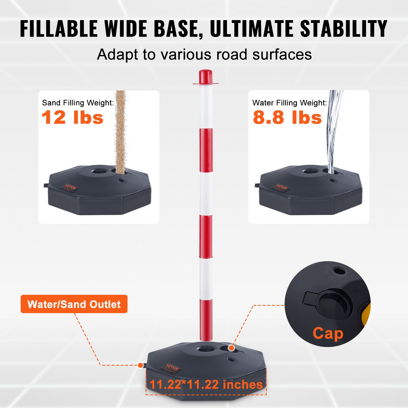 Adjustable Traffic Delineator Post Cones, 6 Pack, Traffic Safety Delineator Barrier With Fillable Base 2 M Chain, For Traffic Control Warning Parking Lot Construction Caution Roads, Red & Whi