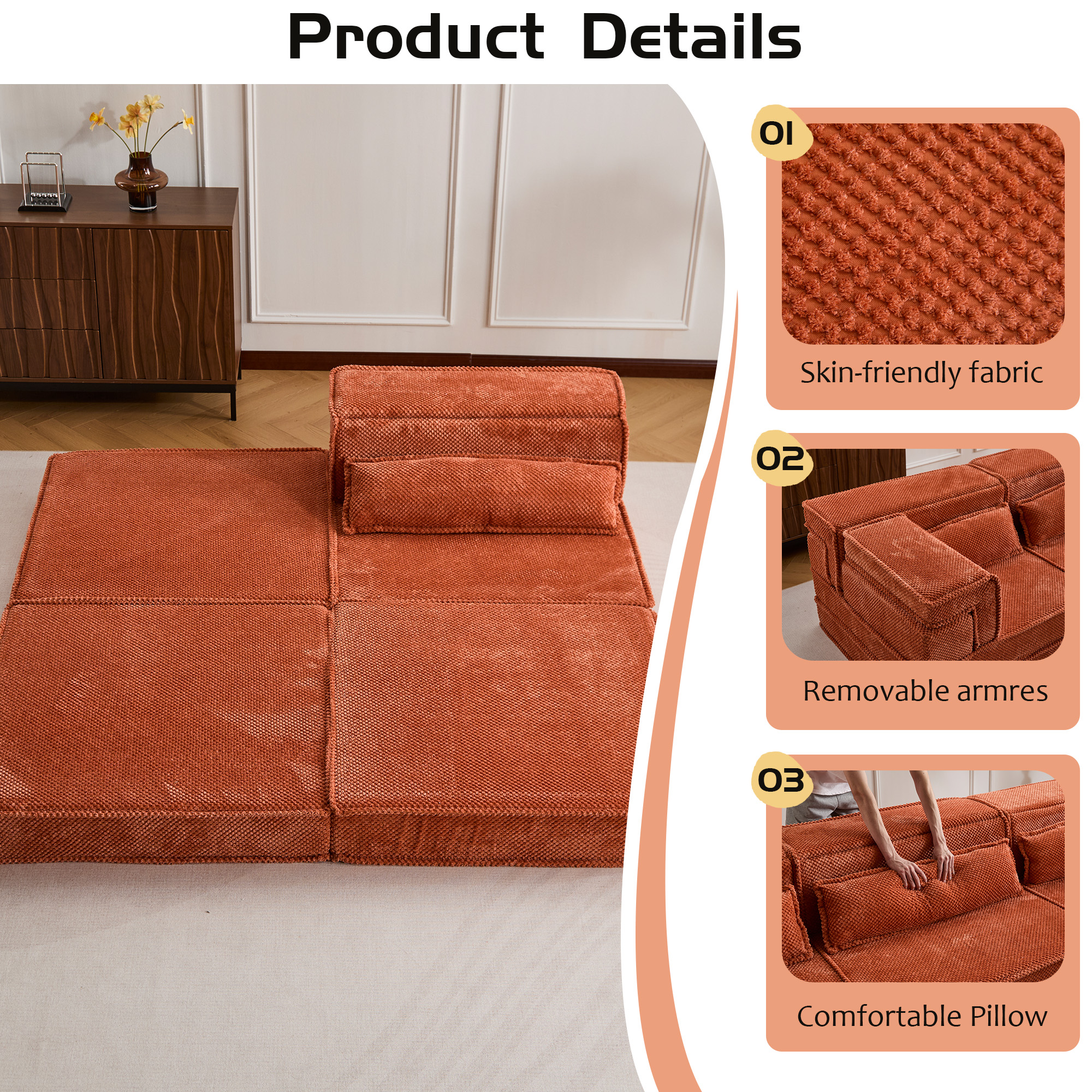 Compression Mahjong Sofa,Convertible Floor Sofa Bed,DIY Boneless Modular Sectional Sofa,No Assembly Required,Circle Fleece Fabric,Oversized Single Seater With 1 Pillow And 1 Ottoman,Orange 74e3c398 F71a 417e 9a37 C8f177fd3ca2