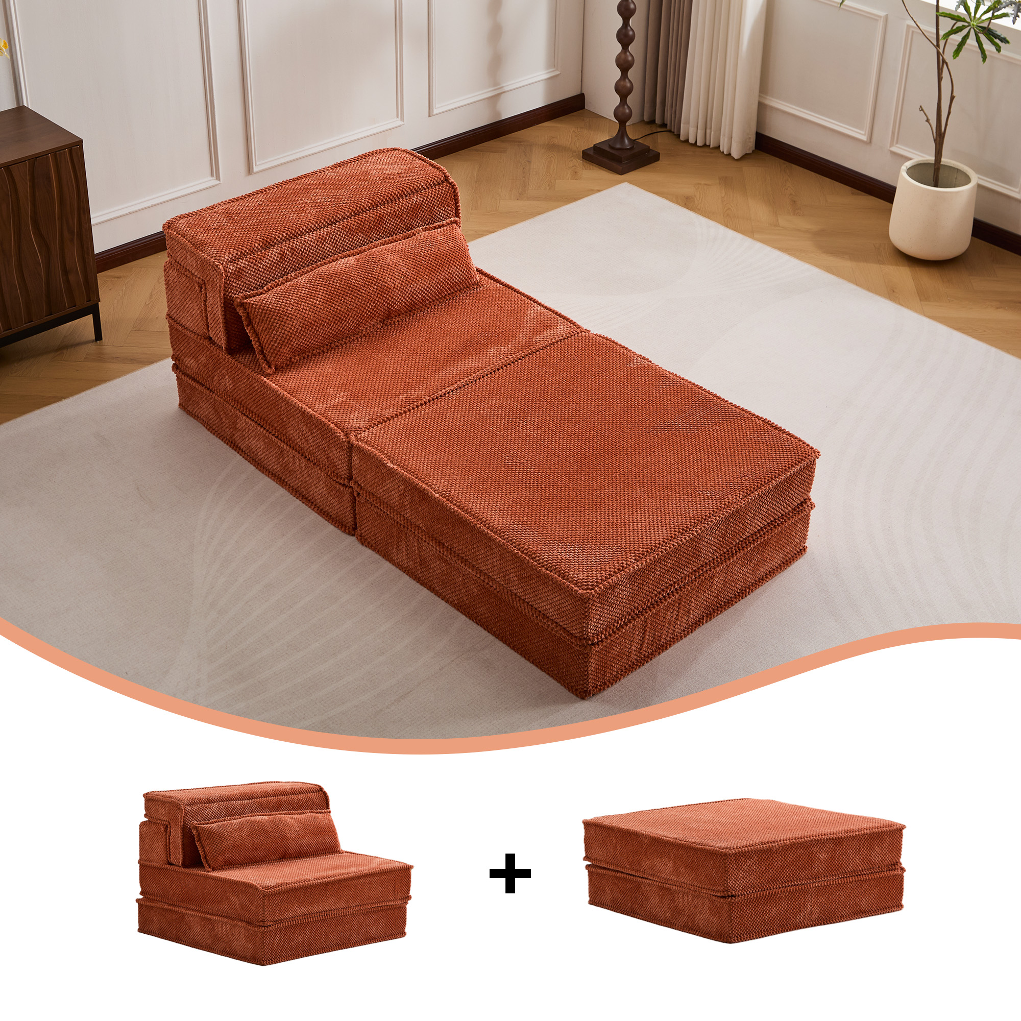 Compression Mahjong Sofa,Convertible Floor Sofa Bed,DIY Boneless Modular Sectional Sofa,No Assembly Required,Circle Fleece Fabric,Oversized Single Seater With 1 Pillow And 1 Ottoman,Orange 982d1126 8941 45e5 92ce Aa46e3e14826