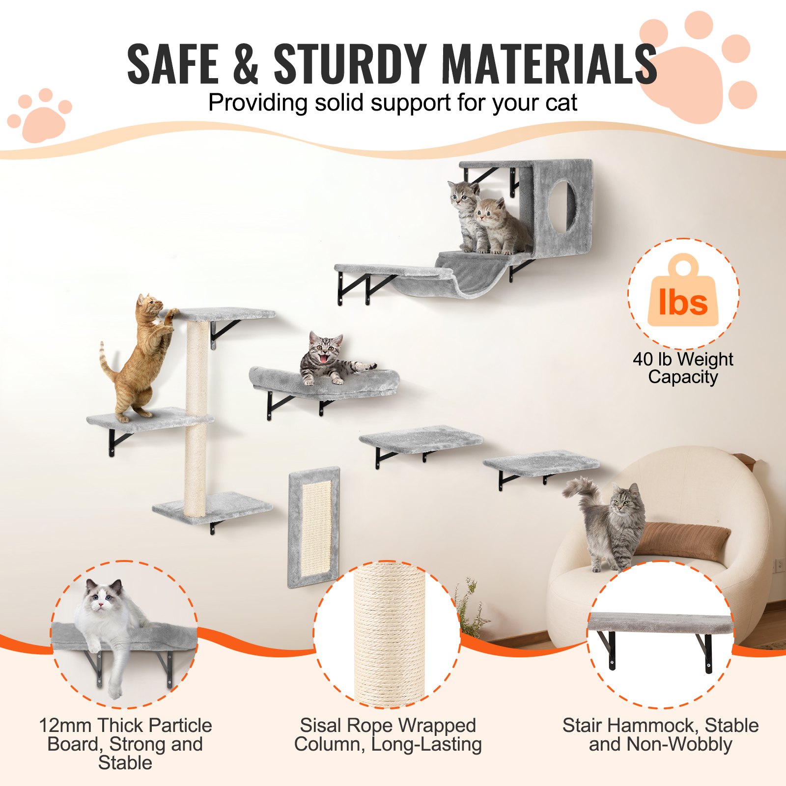 Wall Mounted Cat Shelves, Cat Wall Shelves And Perches With Jumping Boards, Hammock, Sofa, Cat Tree & Cat Grip, Cat Furniture And Shelves Up To 40 Lbs For Sleeping, Playing, Climbing, Set Of 