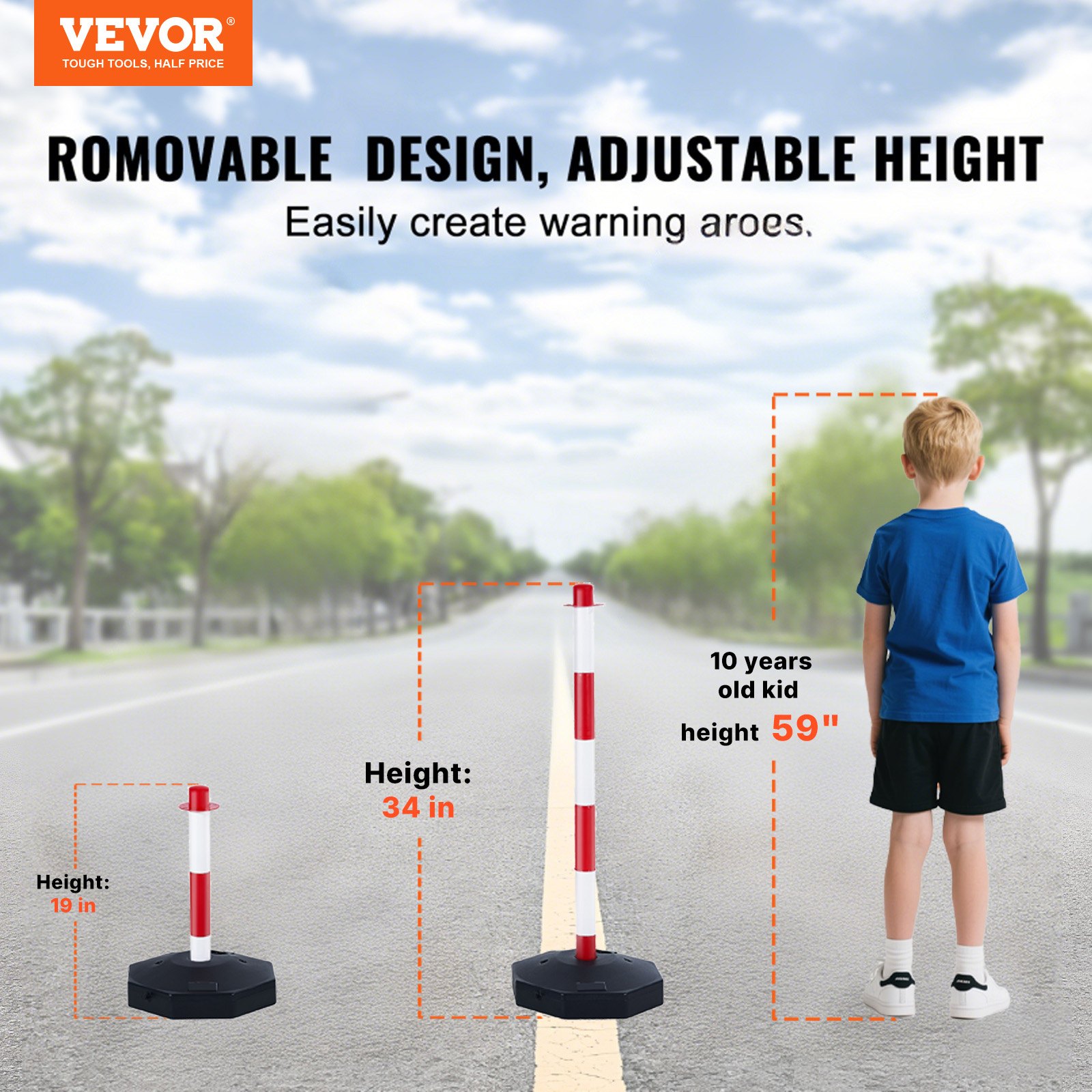 Adjustable Traffic Delineator Post Cones, 6 Pack, Traffic Safety Delineator Barrier With Fillable Base 2 M Chain, For Traffic Control Warning Parking Lot Construction Caution Roads, Red & Whi