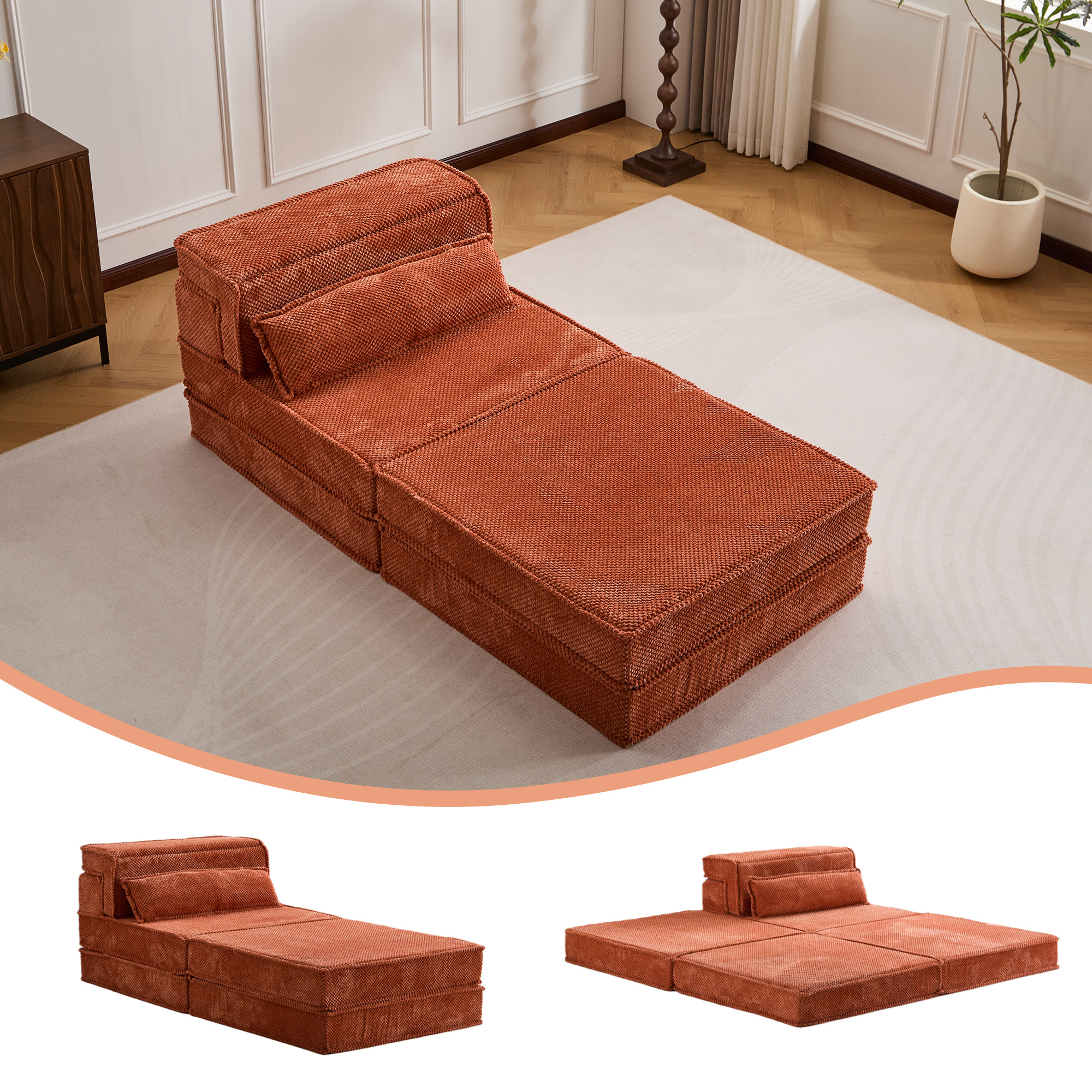 Compression Mahjong Sofa,Convertible Floor Sofa Bed,DIY Boneless Modular Sectional Sofa,No Assembly Required,Circle Fleece Fabric,Oversized Single Seater With 1 Pillow And 1 Ottoman,Orange C2708ef1 C227 495a 9122 150713152650