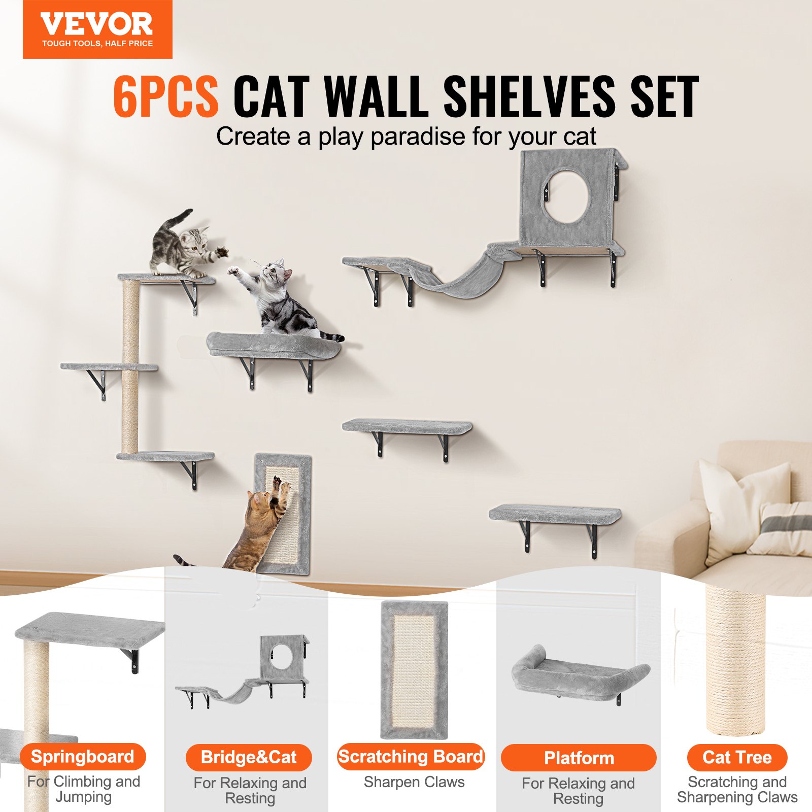 Wall Mounted Cat Shelves, Cat Wall Shelves And Perches With Jumping Boards, Hammock, Sofa, Cat Tree & Cat Grip, Cat Furniture And Shelves Up To 40 Lbs For Sleeping, Playing, Climbing, Set Of 