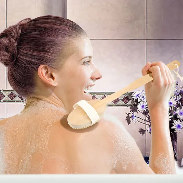 Bath Brush 15" Shower Body Back Scrubber With Long Handle Detachable Brush