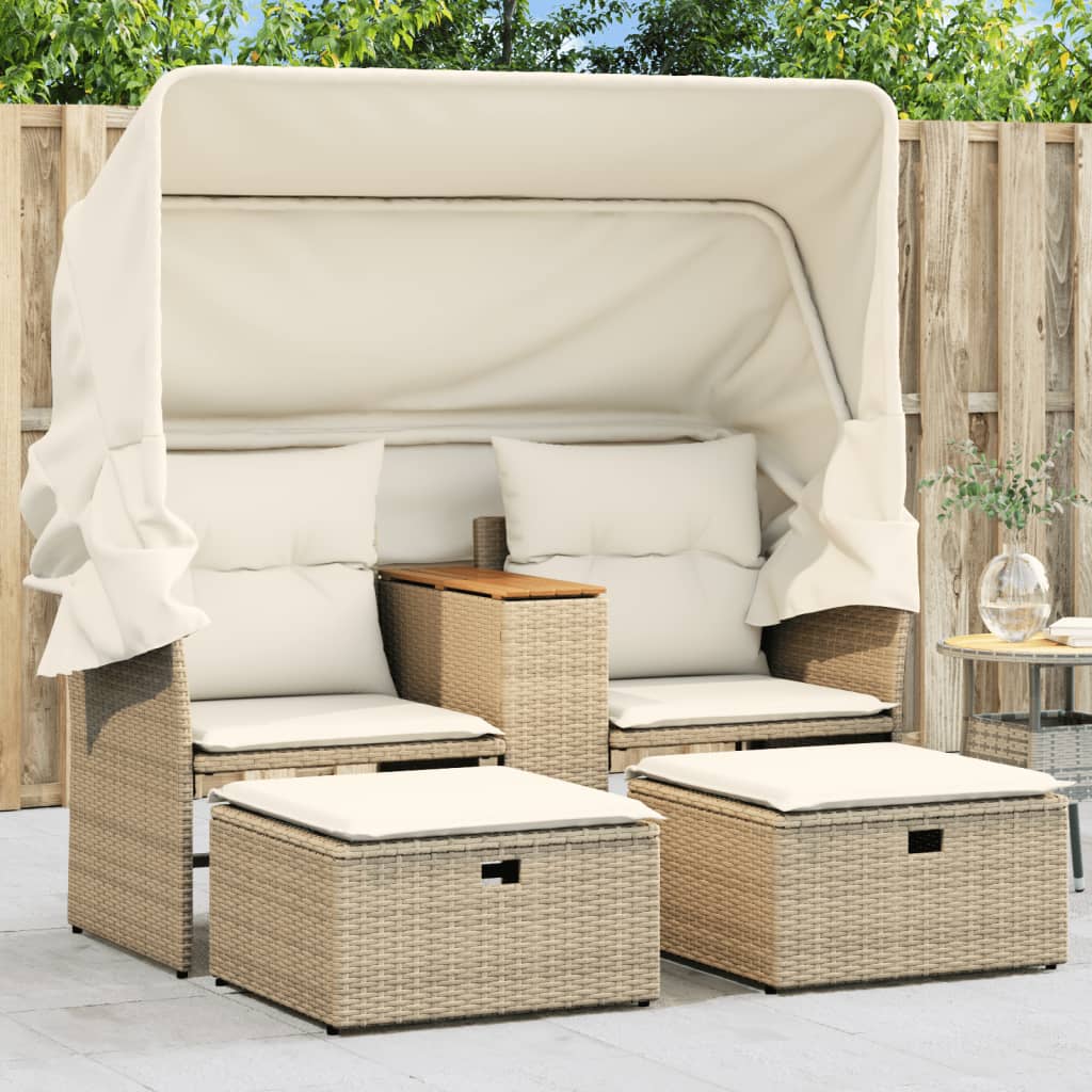 2 seater garden sofa with canopy and stools, poly Beige - Shop at LoveMi