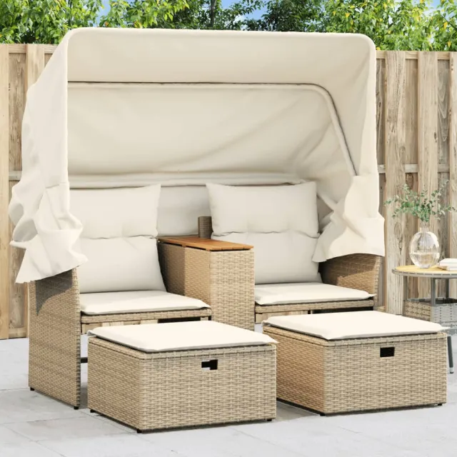2 seater garden sofa with canopy and stools, poly Beige - Shop at LoveMi