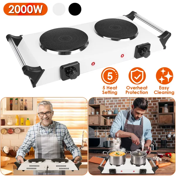2000W Electric Dual Burner Portable Coil Heating Hot Plate Stove Countertop RV Hotplate With 5 Temperature Adjustments Portable Handles