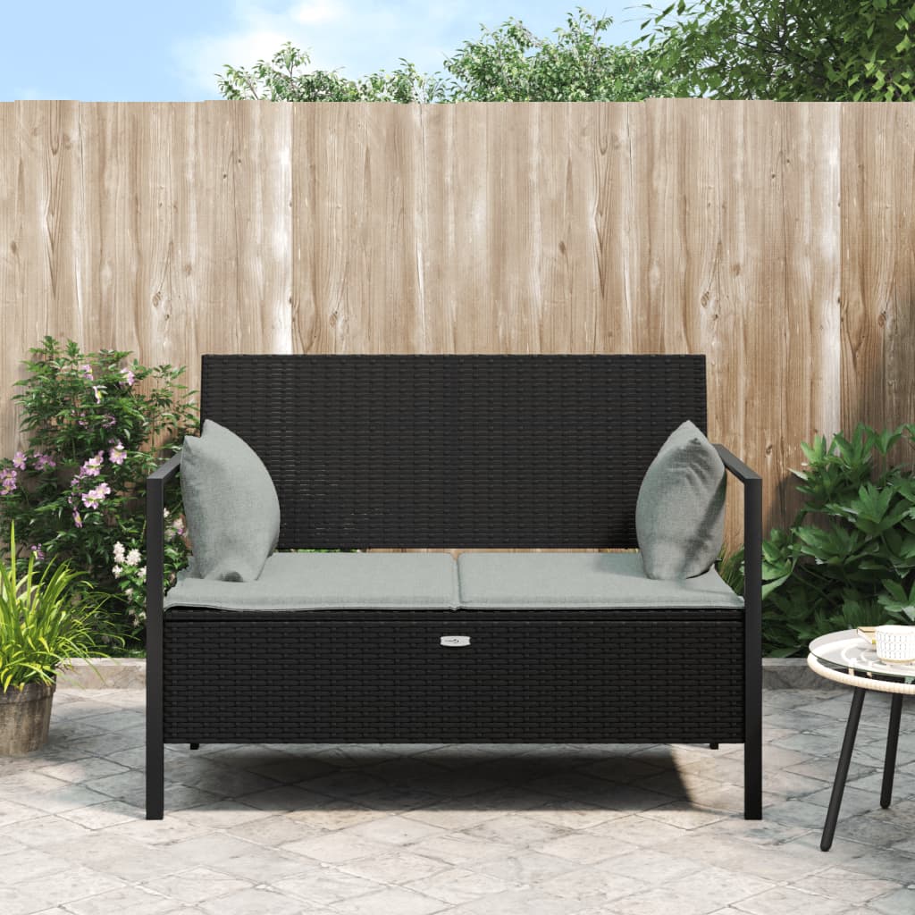 2 seater garden bench with cushions, poly rattan Black - Shop at LoveMi