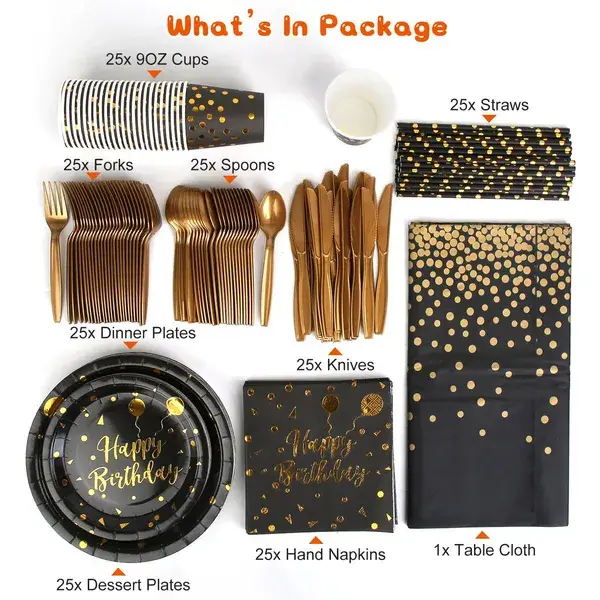 201PCS Black Gold Birthday Party Supplies For 25 Guests Happy Birthday Disposable Dinnerware Set Paper Plates 9OZ Cups Straws Napkins Forks Knives Spoons Tablec