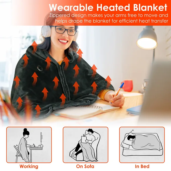 USB Heated Blanket Electric Heated Blanket Heated Poncho Shawl Wrap Throw With Zipper Washable For Home Office 59*31in