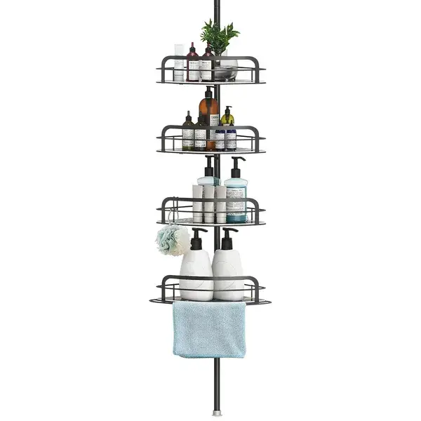 Rust-Resistant Corner Shower Caddy For Bathroom 4 Height Adjustable Shelves With Tension Pole Towel Bar Hanging Hook Floor Standing Bath Storage Rack 8.66-116.1