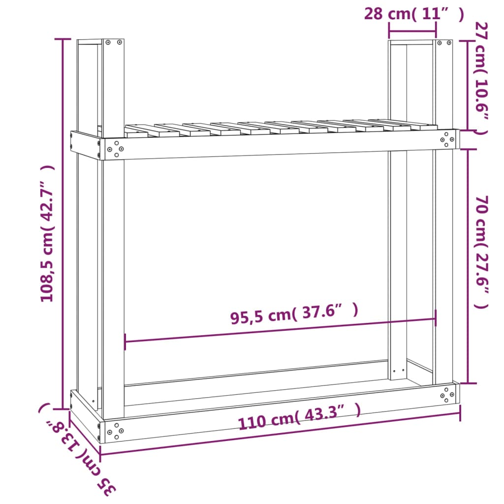   Firewood Rack 110x35x108.5 cm Solid Pine Wood