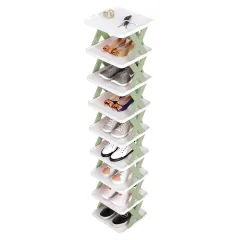 9Tier Narrow Entryway Shoe Rack Plastic Vertical Shoe Organiser Space Saving Free Standing Shoes Storage Shelf Closet Hallway - Green - View 1