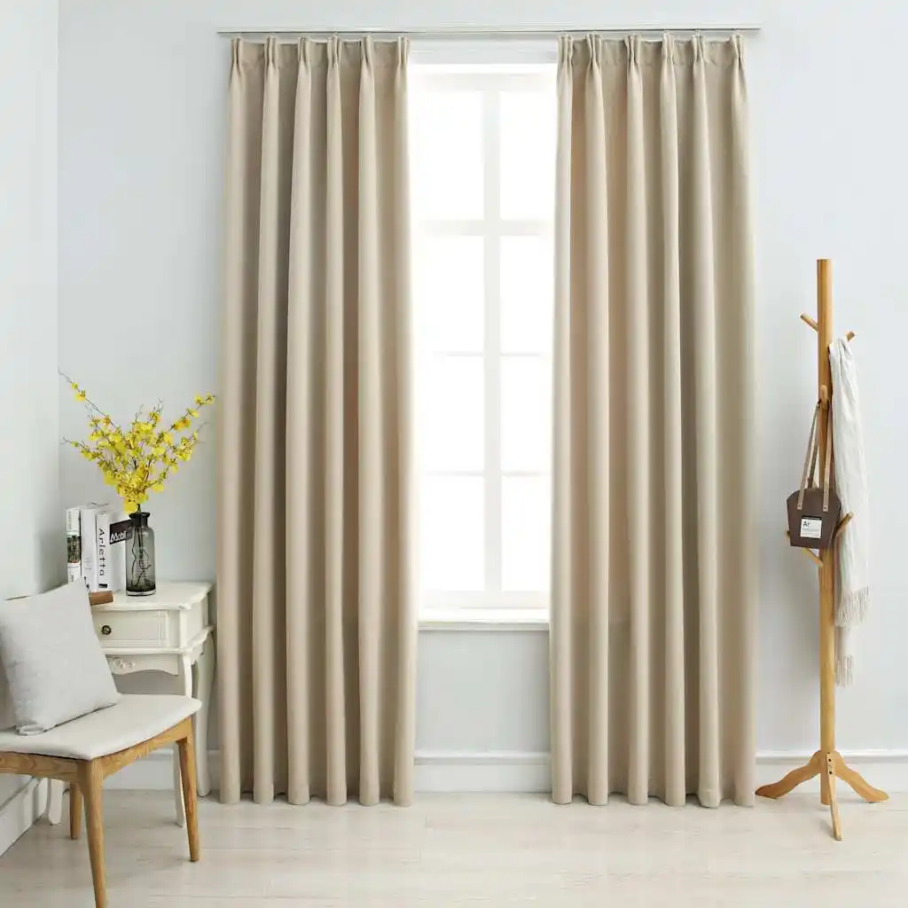 Blackout Curtains with Metal Hooks for Curtain Tracks — Beige, 140 x 175 cm