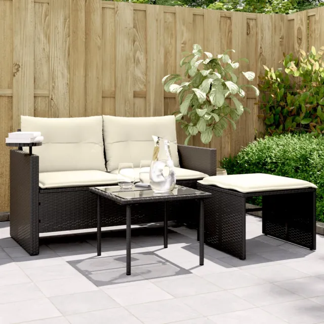 3 piece garden sofa set with cushions, poly rattan Black And Cream - Shop at LoveMi