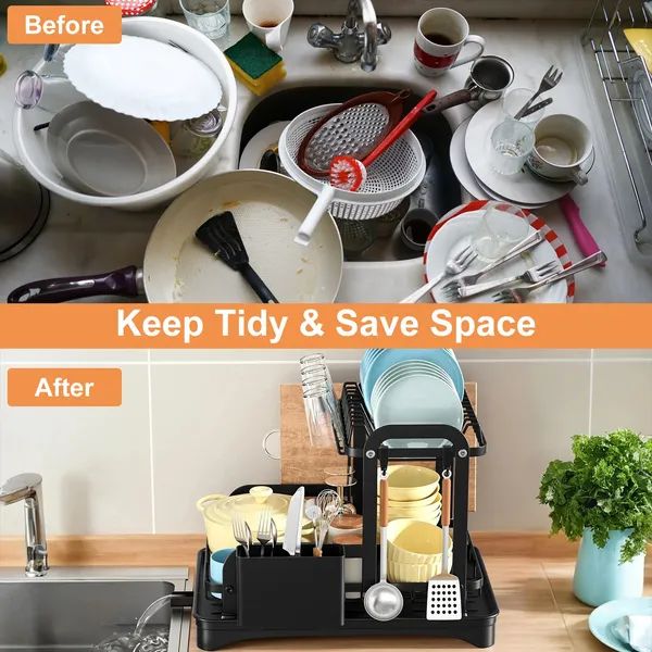 2-Tier Dish Drying Rack For Kitchen Counter Space Saving Rustproof Dish Rack With Drainboard Detachable Kitchen Drainer Organizer Set_voghion.com
